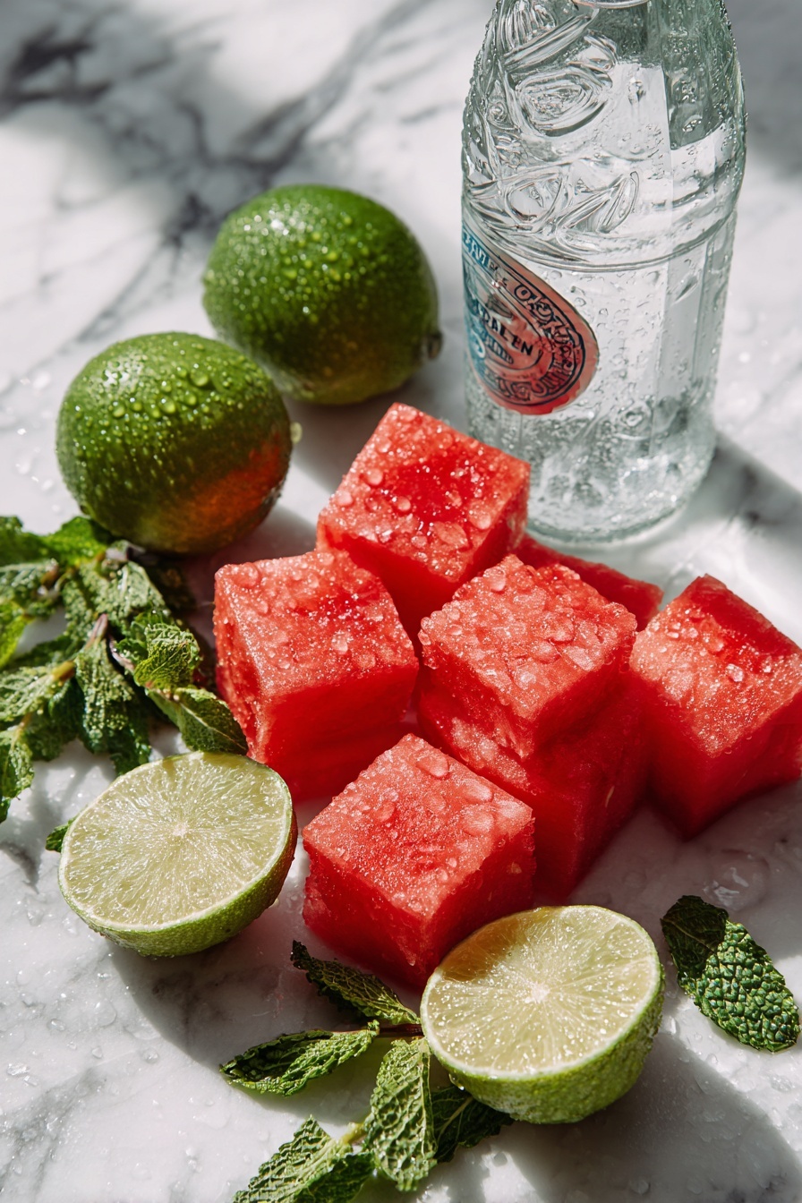 Flat lay of bright red cubed watermelon, fresh whole limes and sliced lime rounds, vibrant green sprigs of fresh mint, and a clear glass bottle of sparkling soda water, all beautifully arranged with droplets of condensation visible on the fruits, placed on a white marble surface, photo taken with an iphone --ar 2:3 --v 7