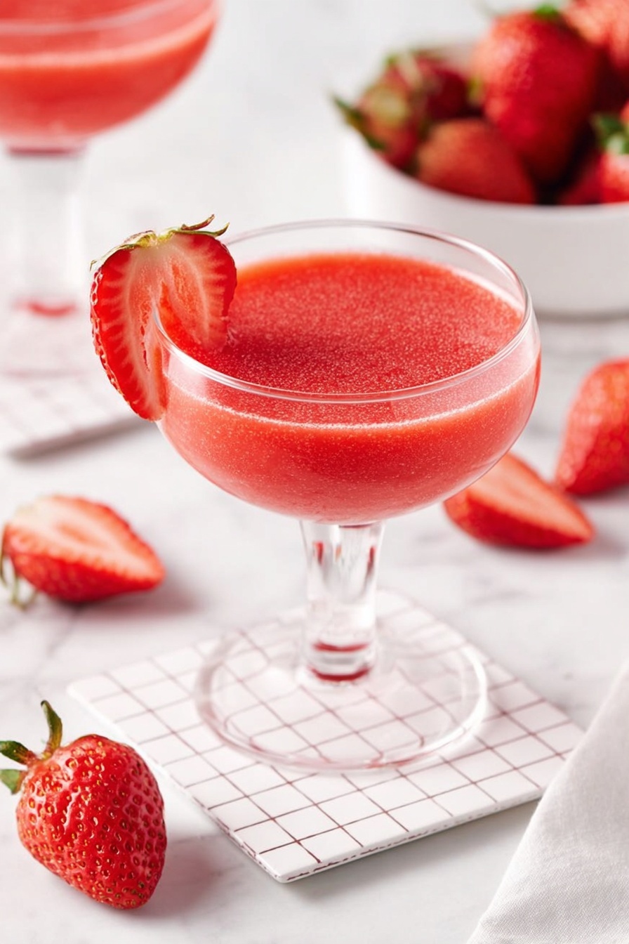 A clear glass stemmed coupe glass holds one layer of bright red, smooth strawberry drink with a soft texture filling the glass almost to the top. A single fresh strawberry slice, richly red with white inside and small seeds, is placed on the rim of the glass as a garnish. The glass is set on a white square surface with a grid texture, surrounded by several halved and whole fresh strawberries scattered around. In the background, a second coupe glass with the same red drink and part of a white bowl filled with whole strawberries can be seen. The whole scene is set on a white marbled surface. Photo taken with an iphone --ar 2:3 --v 7