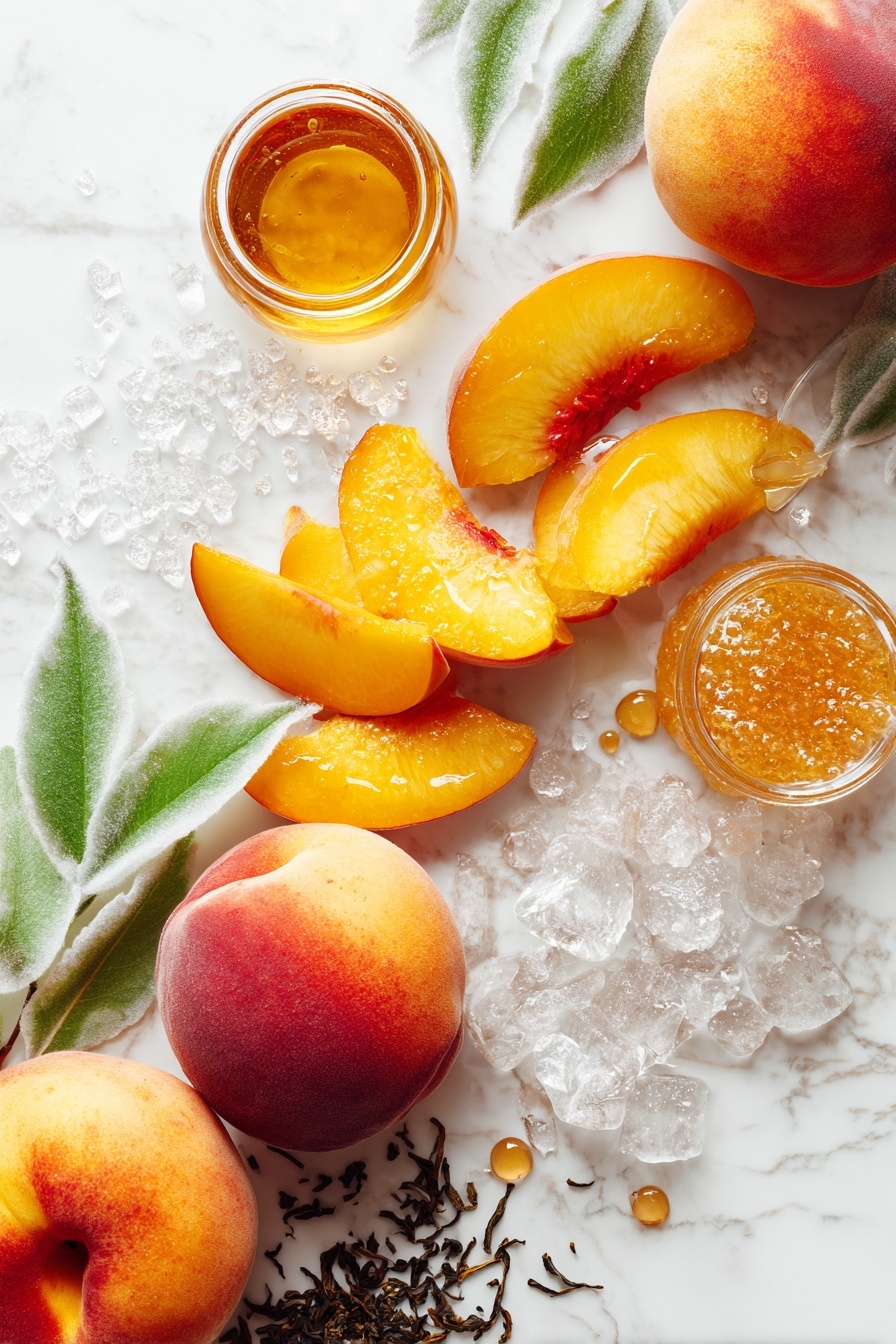 Flat lay of ripe fresh peaches sliced and whole, a small pile of golden honey dripping slightly, loose black tea leaves scattered delicately, sparkling clear water droplets, pureed peach pulp in soft orange hues, crystalline sugar crystals glistening, and a few frozen peach slices with frosty edges, all beautifully arranged on a white marble surface, photo taken with an iphone --ar 2:3 --v 7