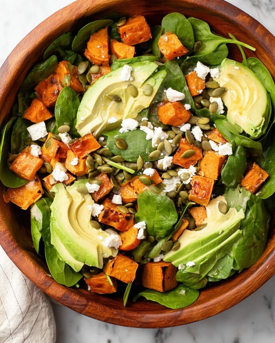 The image shows a wooden bowl filled with a fresh salad. The bottom layer is made of green spinach leaves spread evenly. On top, there are slices of light green avocado arranged in a circle. Scattered around the avocado are medium-sized chunks of roasted orange sweet potatoes with a slightly darkened surface. White crumbles of cheese are sprinkled throughout the salad, along with light green pumpkin seeds. A creamy, light-colored dressing is drizzled over the salad. The bowl sits on a white marbled surface, next to a light blue cloth napkin, and a silver spoon and fork rest on the right edge of the bowl. Photo taken with an iphone --ar 2:3 --v 7