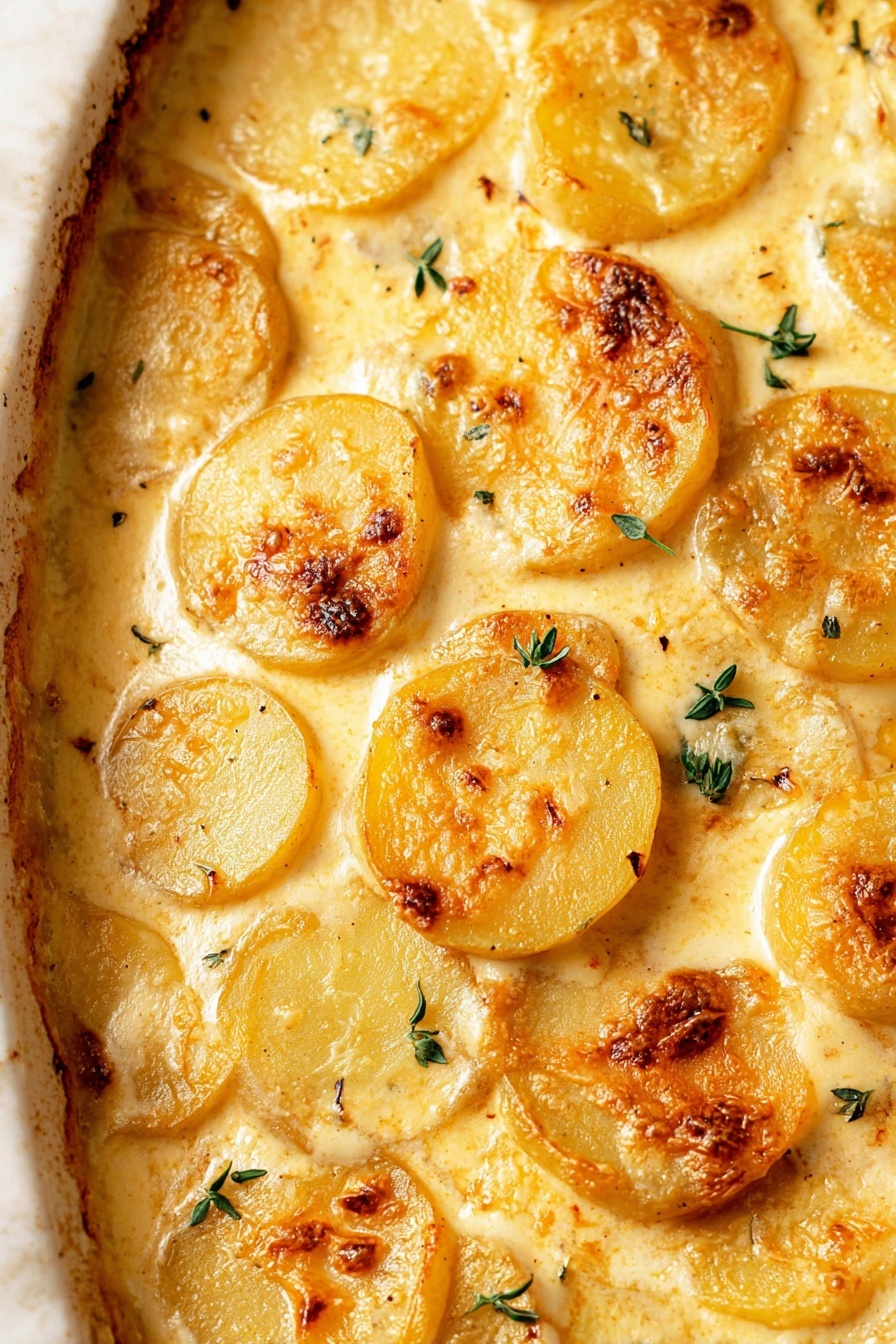 A white rectangular baking dish filled with multiple thin, round slices of golden-yellow potatoes arranged in overlapping layers. The top layer has a light golden brown crust with bubbly melted cheese and creamy sauce covering the potatoes. Small green herb leaves are scattered over the top for garnish. The edges of the dish show browned, slightly crispy spots. The dish is set on a folded gray cloth on a white marbled surface. In the background, a white plate with fresh green herb sprigs is partially visible. Photo taken with an iphone --ar 2:3 --v 7