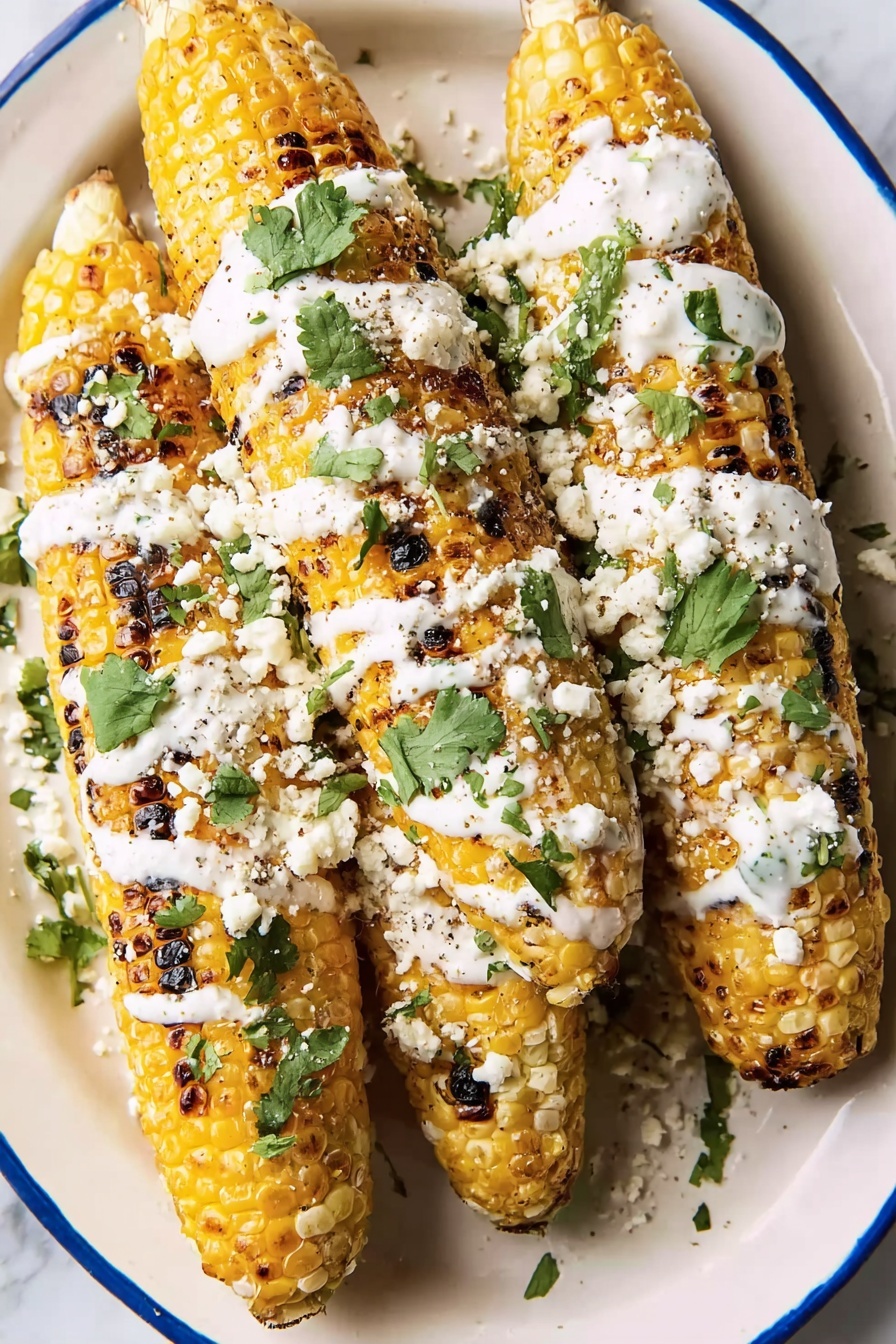 Three grilled corn on the cobs are placed side by side on a white oval plate with a thin blue rim. Each cob is covered in a white creamy sauce with visible specks of green herbs sprinkled on top, along with small chunks of white cheese scattered over the surface. The corn kernels are golden yellow with slight char marks from grilling. There is a wedge of lime positioned on the plate near the top right corner and some extra herbs scattered around the plate edges. The whole setup rests on a white marbled texture. photo taken with an iphone --ar 2:3 --v 7