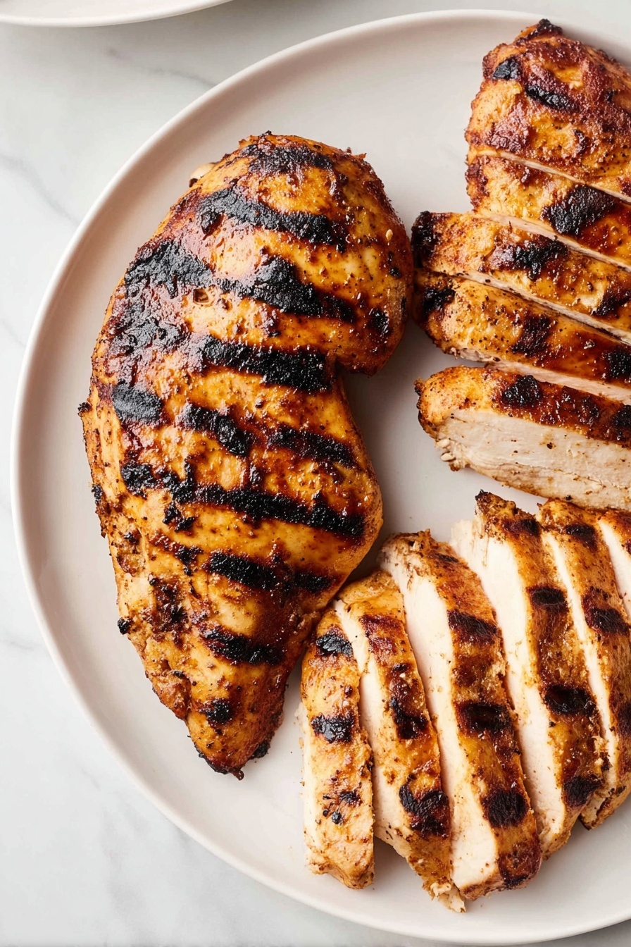 The image shows two grilled chicken pieces on a white plate placed on a white marbled surface. The chicken on the left is whole with visible dark grill marks running horizontally, showing a golden brown, slightly charred texture. The chicken on the right is sliced into about eight pieces arranged close together, revealing a moist, light interior with charred grill lines on the golden outer layer. Both pieces display a rich, warm brown color with uneven, rustic sear marks showing a freshly grilled look. Photo taken with an iphone --ar 2:3 --v 7