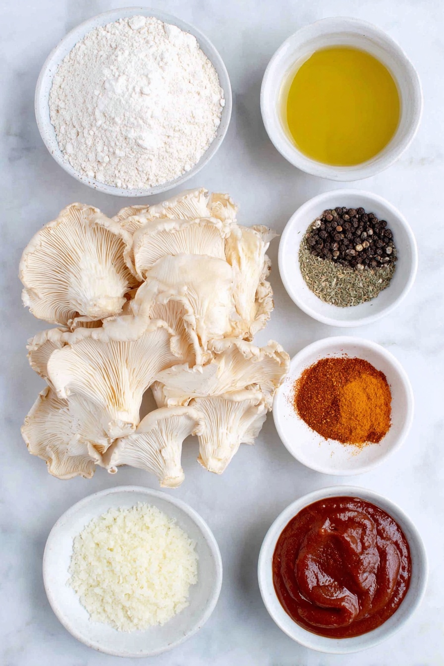 Flat lay of fresh oyster mushrooms with their delicate, ivory fan-shaped caps, a small mound of plain white flour, a few scattered red paprika powder, yellow turmeric powder, orange cayenne pepper, light beige garlic powder, pale onion powder, coarse black cracked peppercorns beside a small heap of white salt crystals, a small white ceramic bowl filled with golden canola oil, another small white bowl containing creamy BBQ sauce with a smooth reddish-brown tint, and a third small white bowl holding bright red sriracha sauce, all arranged in perfect symmetry on a clean white marble surface, soft natural light, photo taken with an iPhone, professional food photography style, fresh ingredients, white ceramic bowls, no bottles, no duplicates, no utensils, no packaging --ar 2:3 --v 7 --p awthu7i m7354615311229779997
