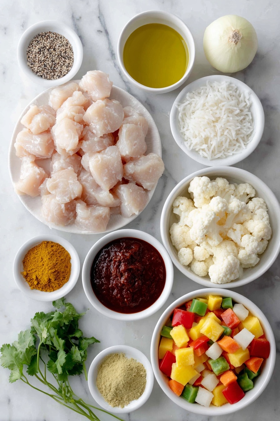 Flat lay of boneless skinless chicken breasts cut into chunks, a small white bowl of extra virgin olive oil, a small pile of cumin seeds, a large yellow onion halved and finely chopped, two cloves of garlic whole and unpeeled, a small piece of fresh ginger root with some grated ginger beside it, a small white bowl filled with golden curry powder, a small white bowl of bright red paprika powder, a small white bowl of rich tomato paste, a small white bowl of creamy full-fat coconut milk, a small white bowl of golden chicken broth, a colorful assortment of diced fresh vegetables including carrots, red bell peppers, yellow squash, cauliflower florets, green beans, and sweet potato cubes, a small bunch of fresh cilantro with leaves and stems, a neat mound of fluffy cooked basmati rice, placed on a clean white marble surface, soft natural light, photo taken with an iPhone, professional food photography style, fresh ingredients, white ceramic bowls, no bottles, no duplicates, no utensils, no packaging --ar 2:3 --v 7 --p awthu7i m7354615311229779997