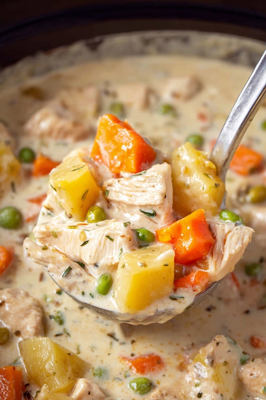 A close-up of a creamy stew with large chunks of light brown cooked chicken, bright orange carrot pieces, green peas, and yellow potato cubes, all mixed in a thick white sauce. The stew is being scooped with a silver ladle above a pot filled with the same mix. The sauce has a smooth texture with some visible herbs scattered through it. The background shows more stew in the pot with the colors blending softly. photo taken with an iphone --ar 2:3 --v 7