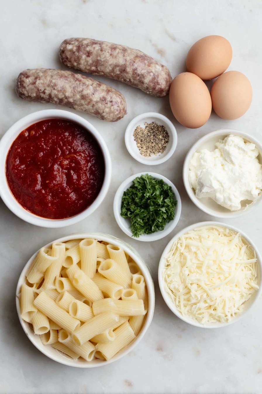 Flat lay of  uncooked rigatoni pasta, a raw Italian sausage link, a diced fresh yellow onion, three peeled garlic cloves, a small white bowl of Italian seasoning mix, a small white bowl of freshly ground black pepper, a small white bowl of kosher salt, a small white bowl filled with vibrant red pasta sauce, two whole brown eggs with clean shells, a small white bowl of smooth ricotta cheese, a small white bowl of chopped fresh parsley, a small white bowl of grated Parmesan cheese, and a simple pile of shredded mozzarella cheese, all arranged symmetrically on a clean white marble surface, soft natural light, photo taken with an iPhone, professional food photography style, fresh ingredients, white ceramic bowls, no bottles, no duplicates, no utensils, no packaging --ar 2:3 --v 7 --p m7354615311229779997