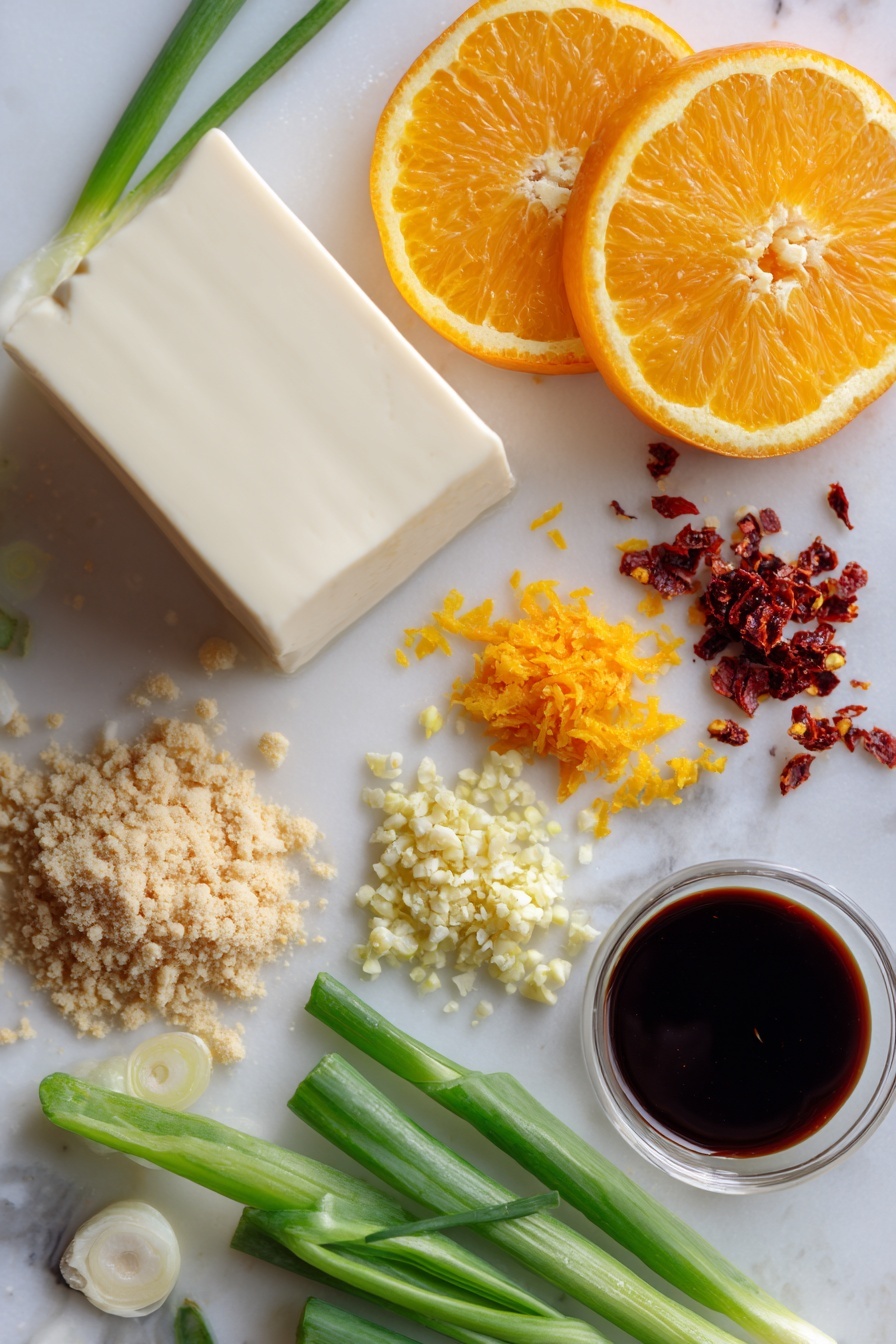 Crispy Orange Tofu - Flat lay of firm tofu block with its smooth, pale cream texture, vibrant fresh orange with bright orange zest curls, peeled garlic cloves showing their creamy white flesh, fresh ginger root with its light brown, knobby skin and fibrous interior, small red chili flakes scattered nearby, glossy green onions sliced into thin rings, dark brown sugar crystals in a small pile, and toasted sesame seeds with their tiny oval shapes and beige color, all beautifully arranged in a natural, balanced composition placed on white marbled surface, photo taken with an iphone --ar 2:3 --v 7