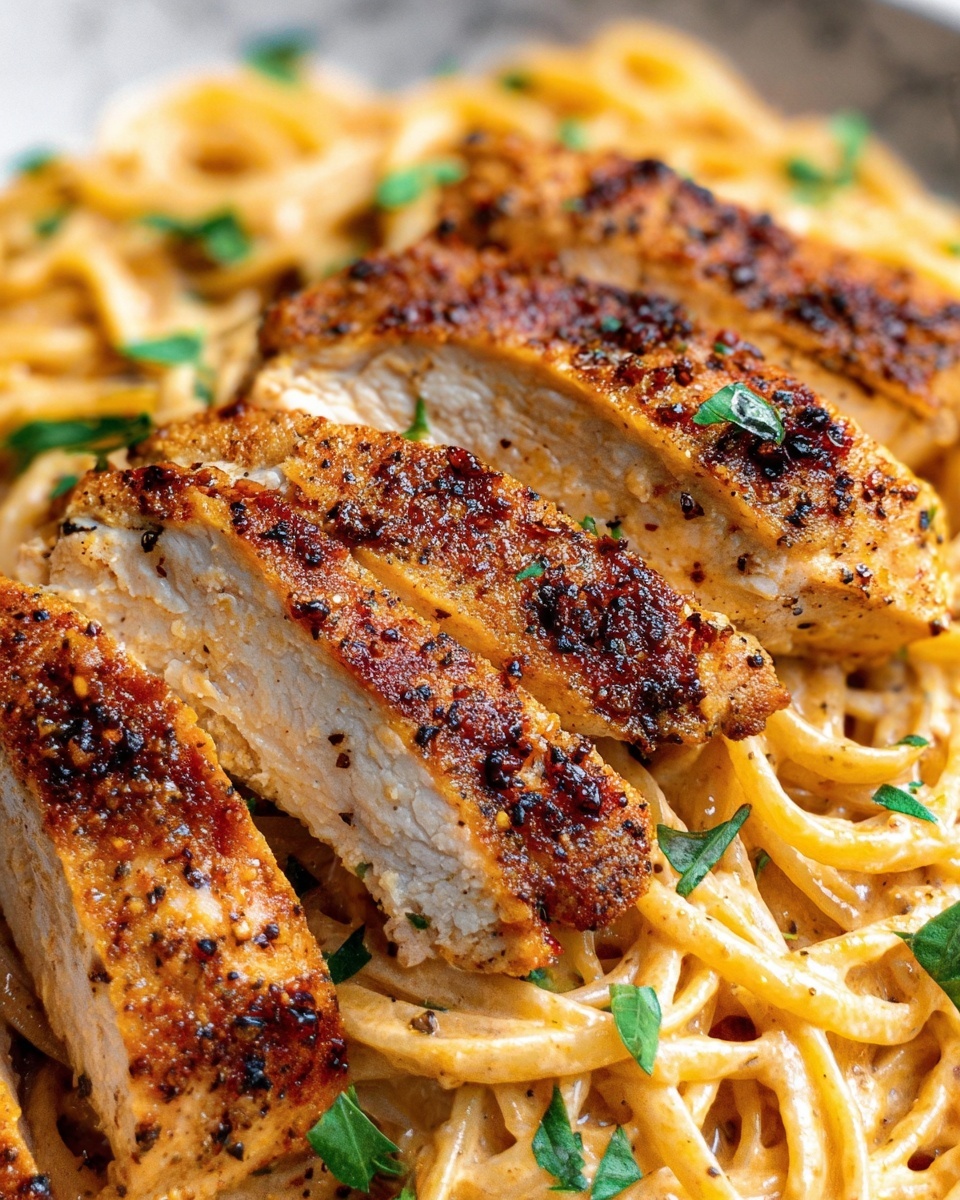 Creamy Cajun Chicken Pasta - The image shows a close-up of three slices of cooked chicken placed on top of a bed of spaghetti noodles. The chicken slices are golden brown with a slightly crispy texture and some black pepper seasoning visible on the surface. The spaghetti noodles underneath are light brown, coated in sauce, and mixed with small green herb leaves scattered throughout. The scene is set against a white marbled texture background. Photo taken with an iphone --ar 2:3 --v 7