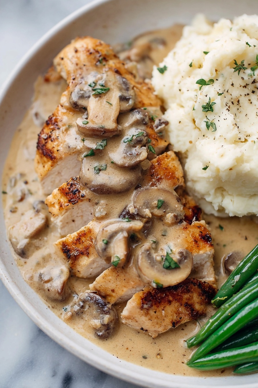 chicken with creamy mushroom - The image shows four cooked golden-brown chicken pieces covered with a thick, creamy mushroom sauce. The sauce has a light beige color with visible slices of mushrooms and small bits of black pepper. The chicken and sauce fill the frame, giving a close-up view of the texture, with fresh green herb bits sprinkled on top for contrast. The background is a white marbled texture. Photo taken with an iphone --ar 2:3 --v 7