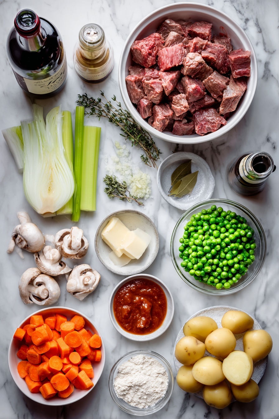 Flat lay of a medium bowl of cubed stewing beef, one whole chopped onion, three garlic cloves minced in a small heap, two celery stalks sliced thin, three sliced carrots with some halves, two medium potatoes cubed, a small pile of frozen peas, a tablespoon of tomato paste in a small dish, a few bay leaves and a pinch of dried thyme scattered nearby, a small bowl of flour, a bottle of red wine beside a bottle of dark stout beer, and a pat of butter with a handful of quartered small mushrooms placed elegantly, all arranged on a white marble surface, photo taken with an iphone --ar 2:3 --v 7
