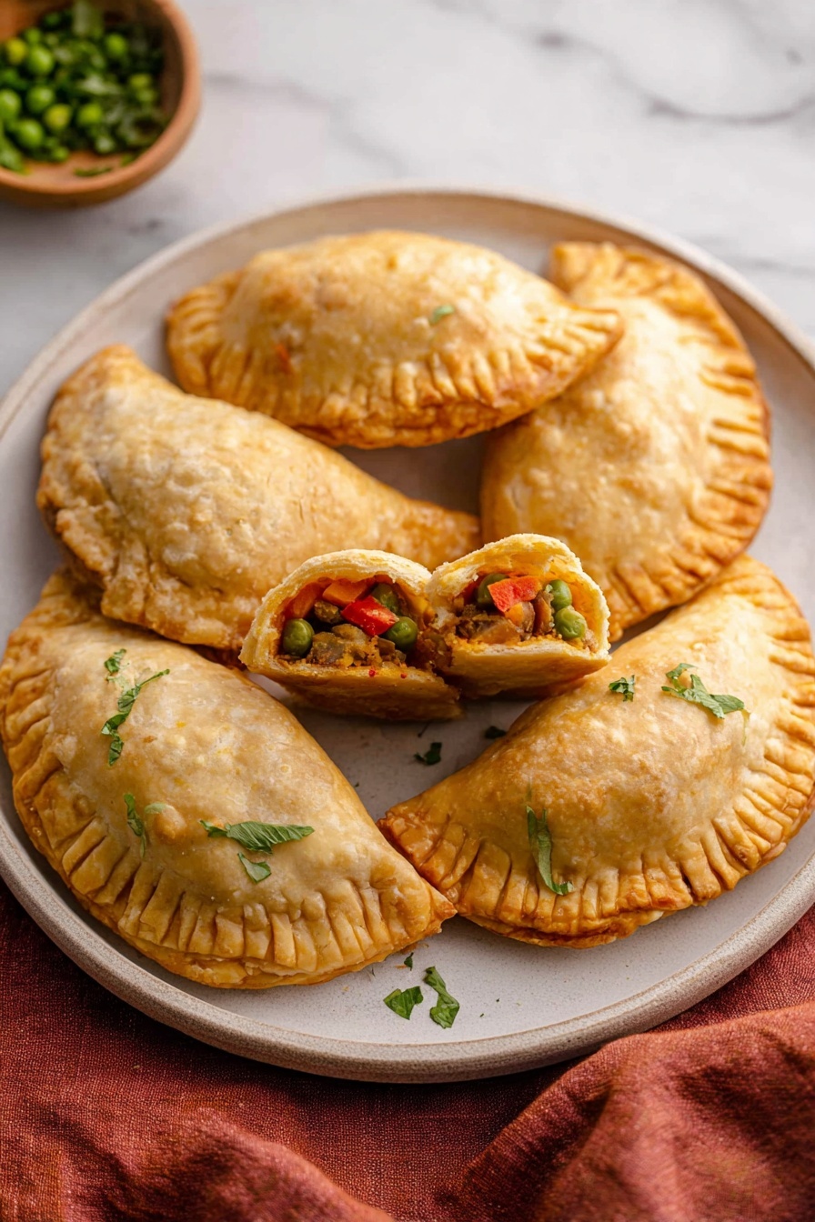 There are six golden brown folded pastries arranged on a round white plate with a slightly raised edge, placed on a white marbled surface. The pastries have a flaky crust with crimped edges, showing light cracks and a slightly shiny, baked finish. One pastry is broken open, revealing a colorful filling inside with visible green peas, red bell peppers, and other finely chopped vegetables. In the background, there is a small bowl with green garnish and a reddish-brown cloth partially tucked under the plate. The photo taken with an iphone --ar 2:3 --v 7