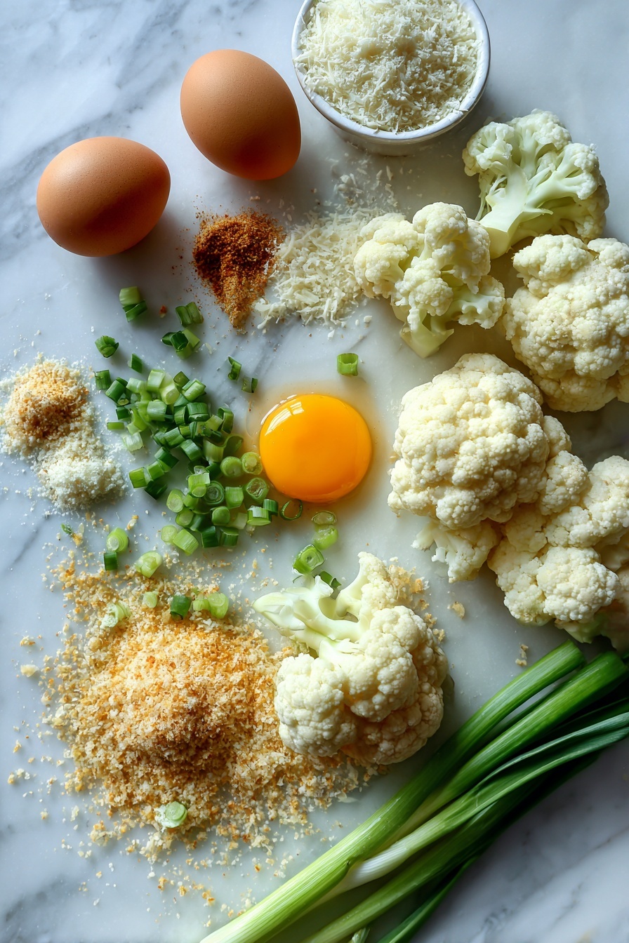 Flat lay of fresh cauliflower florets, golden Italian breadcrumbs, grated parmesan cheese piles, a cracked raw egg showing yolk and white, bright chopped green onions, scattered garlic powder and onion powder spices, all arranged beautifully with vibrant colors and textures, placed on a white marble surface, photo taken with an iphone --ar 2:3 --v 7