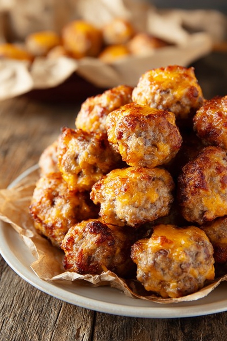 A pile of small, round baked cheese balls with rough, golden brown and orange-yellow textured surfaces sits inside a round white metal dish lined with light brown parchment paper. The cheese balls are arranged closely together, showing crispy spots and melted cheese patches. The dish rests on a white marbled surface with scattered colorful toothpicks, including blue, green, yellow, and orange, placed nearby. The photo is taken with an iphone --ar 2:3 --v 7