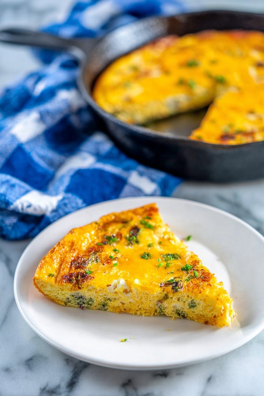 The image shows a round casserole or frittata in a dark cast iron pan. The dish has a golden yellow top layer made of melted cheese mixed with small green broccoli pieces spread evenly throughout. The edges are slightly browned and crispy, giving a textured crust look. Bright green bits of fresh herbs are sprinkled all over the top, adding color contrast. The pan is placed on a white marbled texture surface. photo taken with an iphone --ar 2:3 --v 7