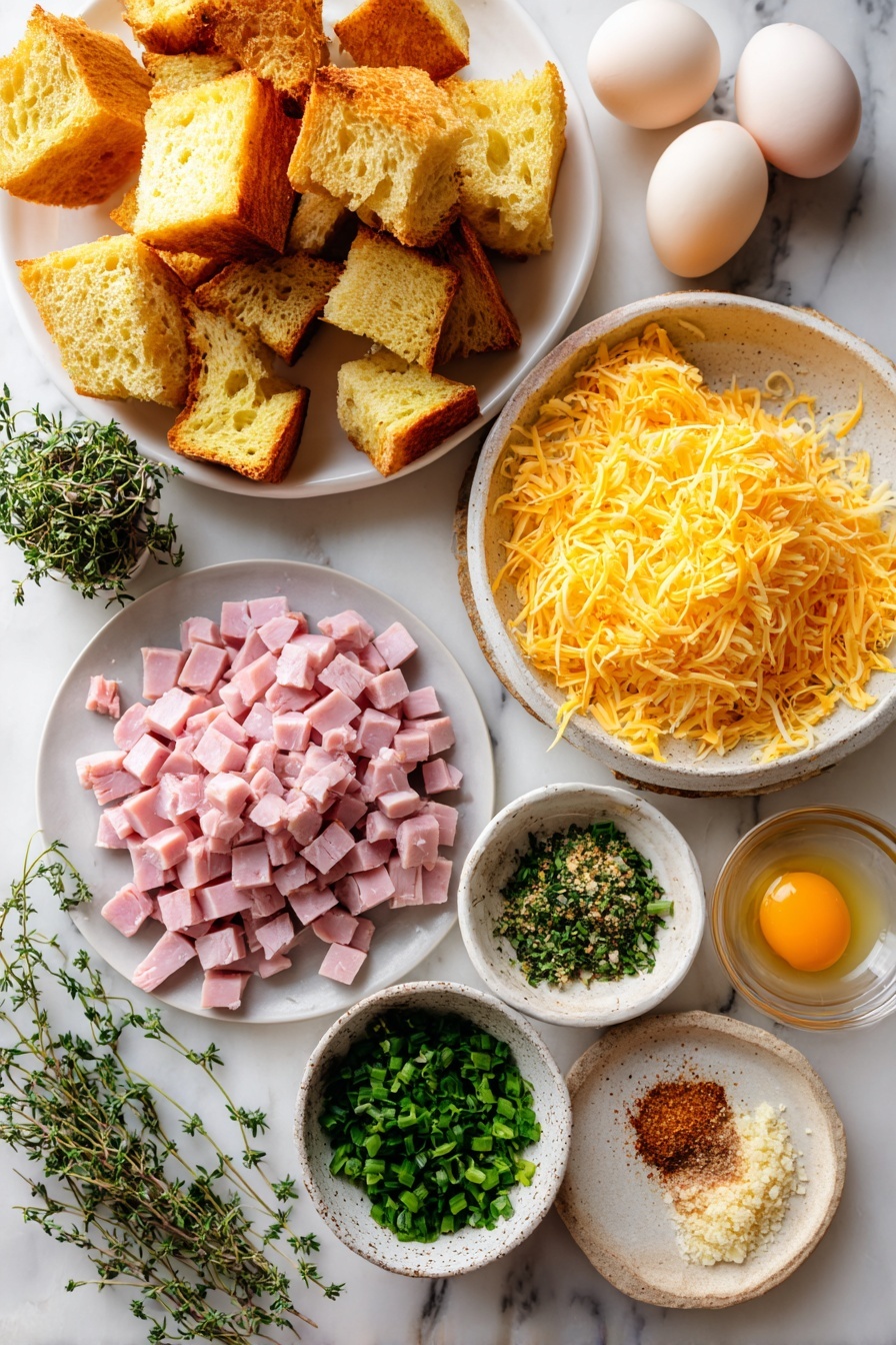 Flat lay of thick slices of golden sourdough bread cubes, diced pink cooked ham, a pile of shredded sharp cheddar cheese, whole fresh eggs, minced shallots, fresh green thyme leaves, chopped bright green chives, and a small mound of grated nutmeg, all beautifully arranged on a white marble surface, photo taken with an iphone --ar 2:3 --v 7