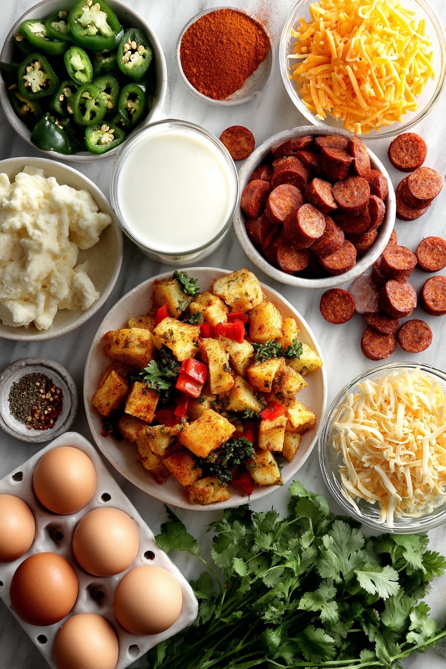 Flat lay of spicy chorizo sausage pieces, diced green chiles, vibrant frozen potatoes O'Brien with red and green pepper bits, shredded Colby Jack cheese mounds, a cluster of fresh green cilantro leaves, smooth whole eggs, glass of creamy milk, scattered chili powder and dried oregano sprinkles, all beautifully arranged on a white marble surface, photo taken with an iphone --ar 2:3 --v 7