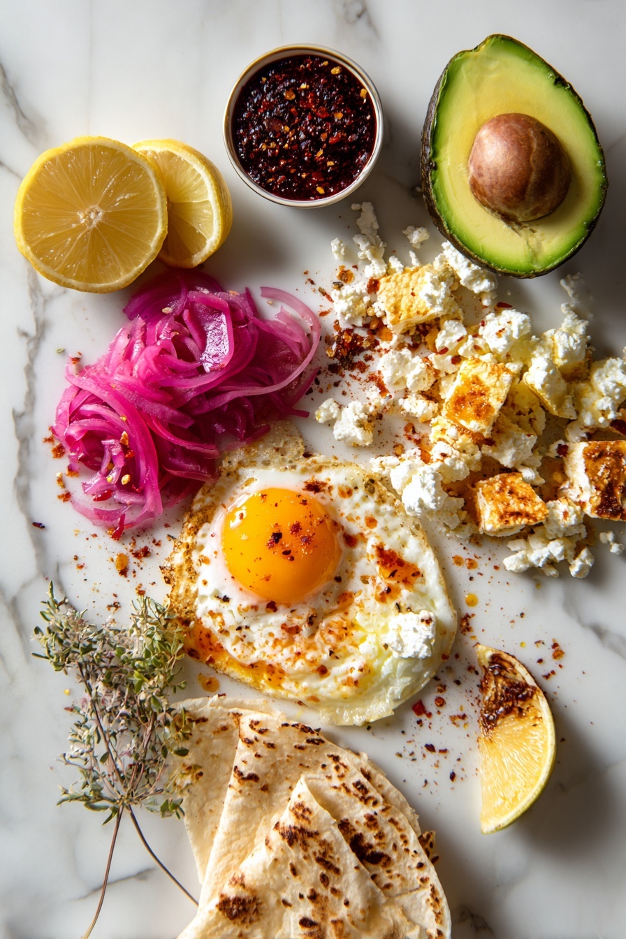 Flat lay of a cracked large egg with a bright yolk, crumbly white feta cheese pieces with golden crispy edges, a ripe quarter avocado sliced neatly, a small soft tortilla folded gently, vibrant pickled onions in pink hues, a sprinkle of dried oregano leaves, red pepper flakes scattered artistically, and a small drizzle of deep red chili oil, all arranged beautifully with fresh lemon wedges placed on a white marble surface, photo taken with an iphone --ar 2:3 --v 7