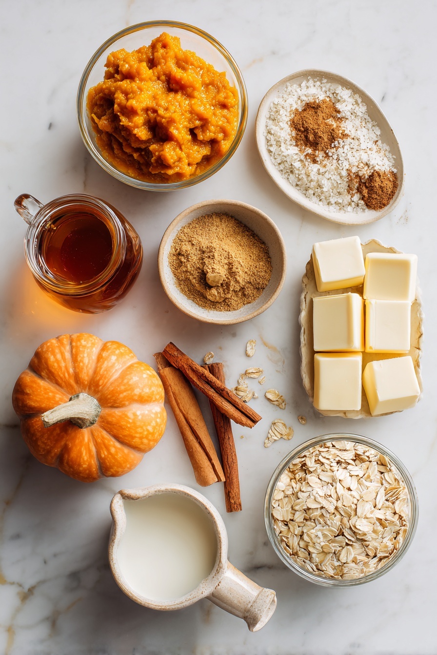 Flat lay of vibrant pumpkin puree, glossy white chocolate chunks, golden light brown sugar, plump rolled oats, rich cubes of unsalted butter, smooth heavy cream in a small glass jug, aromatic cinnamon and cardamom spices sprinkled delicately, and a small jar of amber light corn syrup all beautifully arranged with contrasting textures and warm autumn colors, placed on a white marble surface, photo taken with an iphone --ar 2:3 --v 7