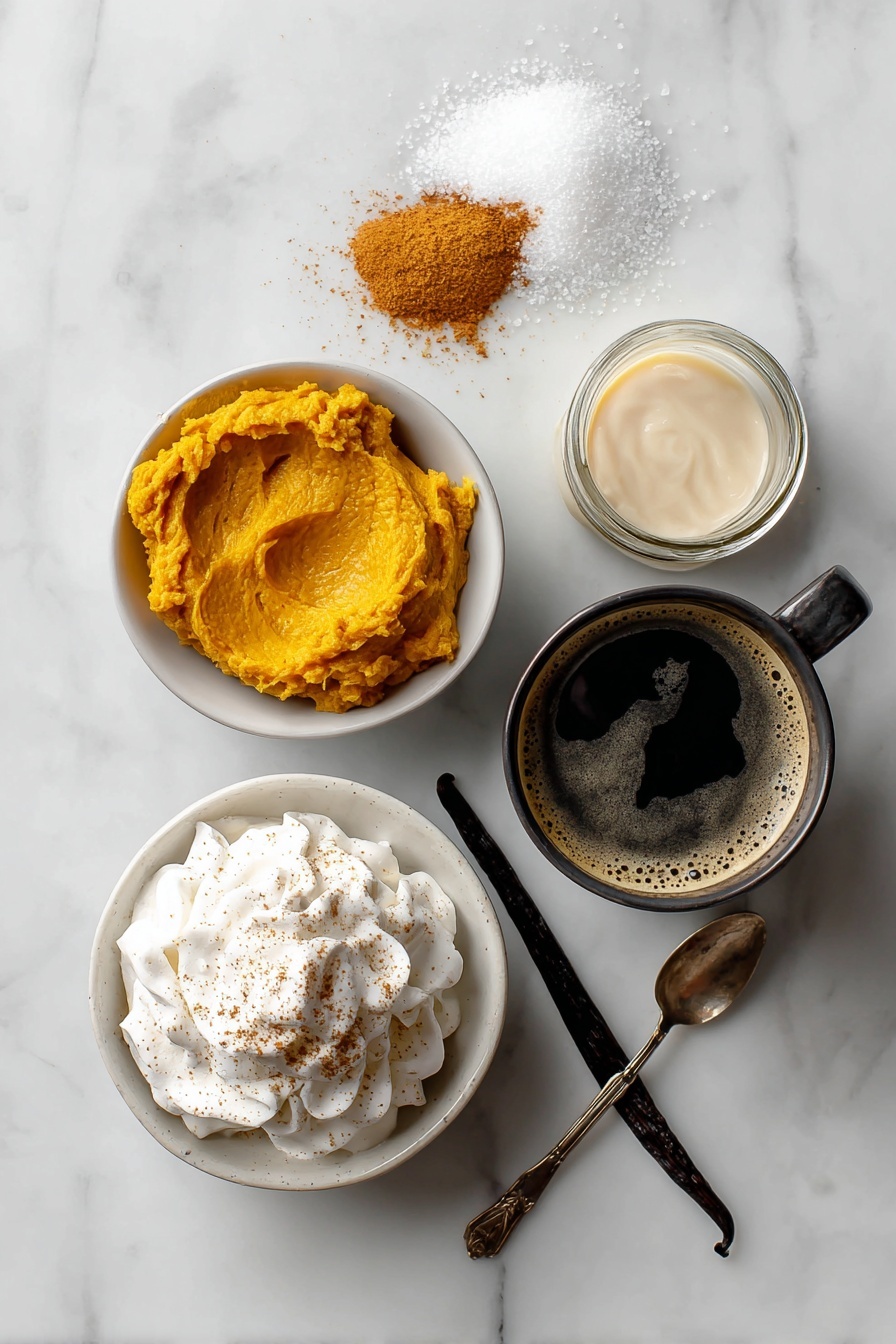 Flat lay of a small mound of unsweetened pumpkin puree, a pile of granulated white sugar crystals, a vanilla bean pod split open next to a small glass bottle of vanilla extract, a heap of warm whipped cream sprinkled with vibrant pumpkin pie spice, a splash of creamy vanilla creamer in a clear glass jar, and a steaming dark roast coffee cup with swirling steam rising, placed on a white marble surface, photo taken with an iphone --ar 2:3 --v 7