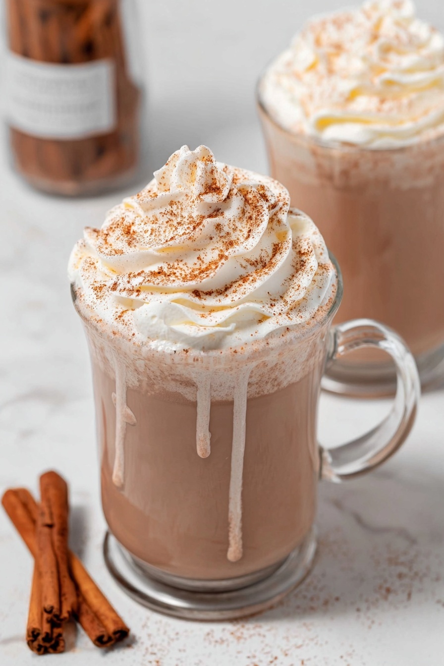 Two clear glass mugs filled with light brown pumpkin spice drink topped with swirls of white whipped cream sprinkled with light brown spice powder, each mug garnished with a cinnamon stick standing upright in the whipped cream; behind the mugs is a white bottle labeled