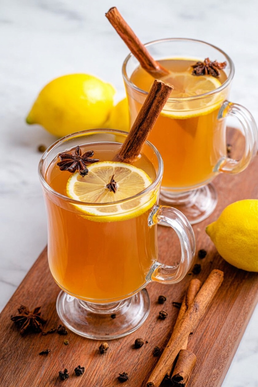 The image shows a clear glass mug filled with a warm light amber drink. Inside the mug, there is a thin slice of lemon pierced with small dark brown cloves floating near the top. A dark brown star anise and two cinnamon sticks rest on the surface of the drink. The mug sits on a wooden surface, and the background has an out-of-focus warm orange tone. The glass handle is visible on the right side. photo taken with an iphone --ar 2:3 --v 7