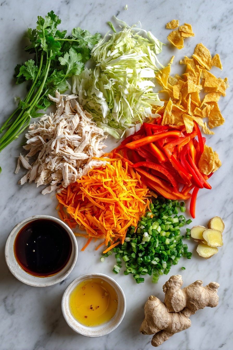 Flat lay of shredded napa cabbage, cooked shredded chicken, grated bright orange carrots, julienned red bell pepper, fresh green cilantro leaves, chopped green onions, crunchy golden wonton crisps, and minced fresh ginger, all beautifully arranged with small piles of garlic cloves and a drizzle of honey nearby, placed on a white marble surface, photo taken with an iphone --ar 2:3 --v 7