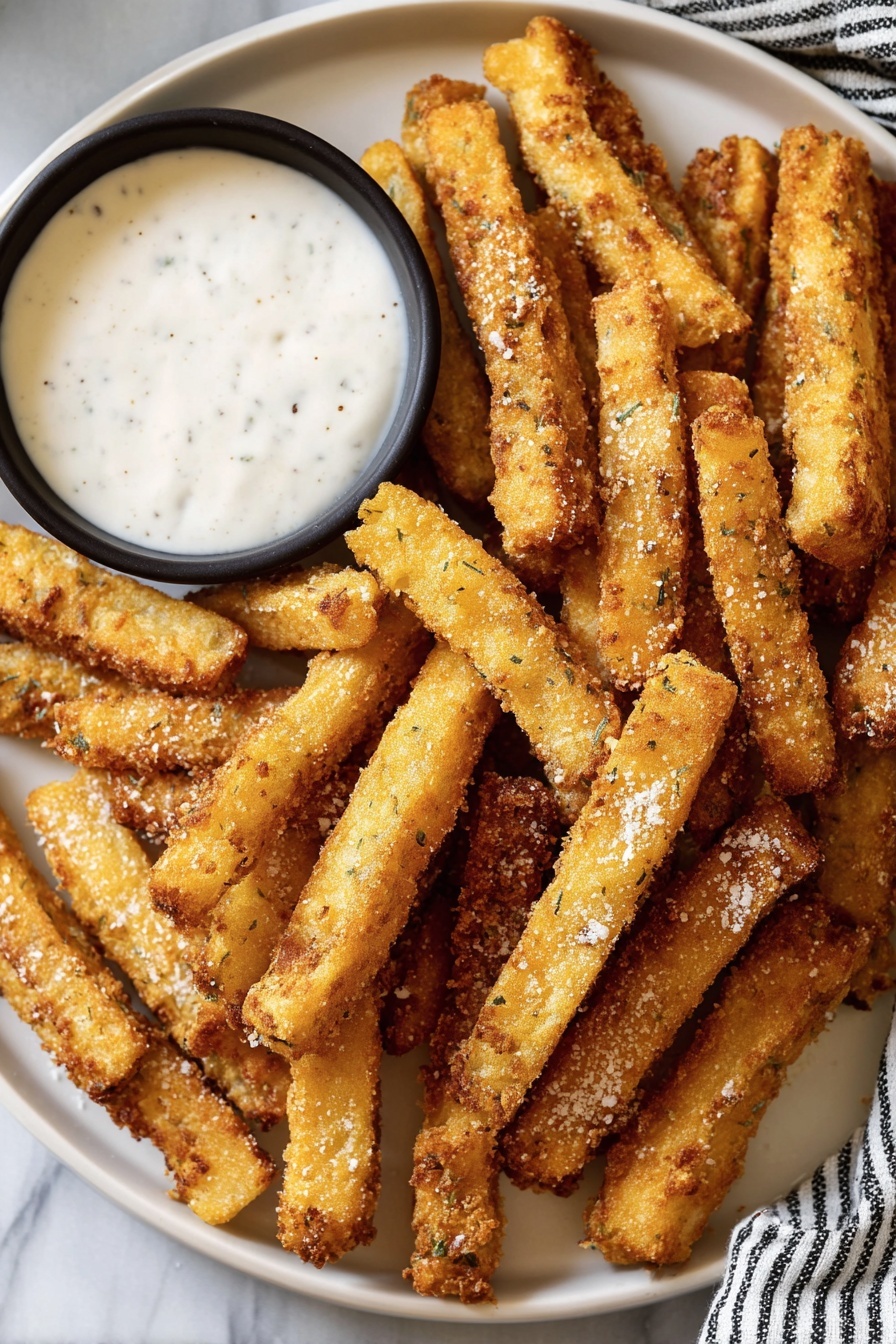 A white plate filled with many golden-brown fried sticks, each with a rough and crispy texture, lightly sprinkled with small white crumbs. The sticks are stacked closely together, filling most of the plate. On the left side of the plate, there is a small black bowl filled with white creamy sauce with tiny dark specks. The plate sits on a white marbled surface with a striped cloth partially visible in the upper right corner. photo taken with an iphone --ar 2:3 --v 7
