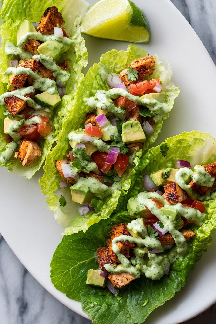 Three lettuce wraps sit on a white plate on a white marbled surface, each made from a bright green romaine leaf. On the bottom layer inside the leaves are small pieces of brown grilled chicken, topped with chunks of light green avocado and small red tomato bits. Finely chopped pale purple onion and a drizzle of creamy green sauce cover the top. A wedge of lime is placed near the top edge of the plate. photo taken with an iphone --ar 2:3 --v 7