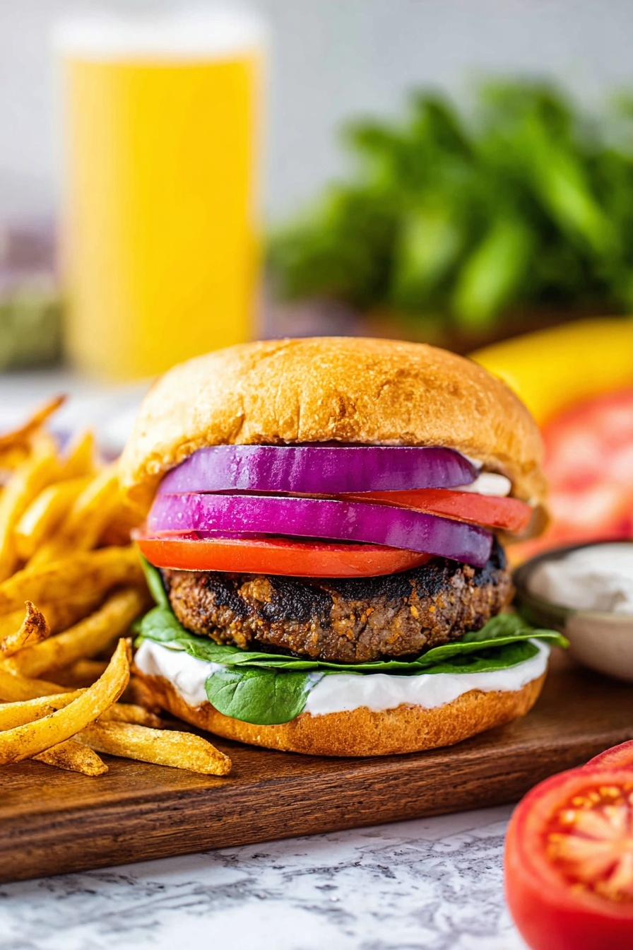A burger on a wooden board with a white marbled background, featuring a bottom bun with bright green spinach leaves, a dark brown grilled meat patty, several slices of purple onion topped with a slice of red tomato, and a dollop of white sauce under a golden brown top bun. On the left side of the board are golden yellow crispy fries, while in the background there is a glass of yellow drink, blurred green leafy vegetables, and a red tomato partly sliced on the right side. Photo taken with an iphone --ar 2:3 --v 7