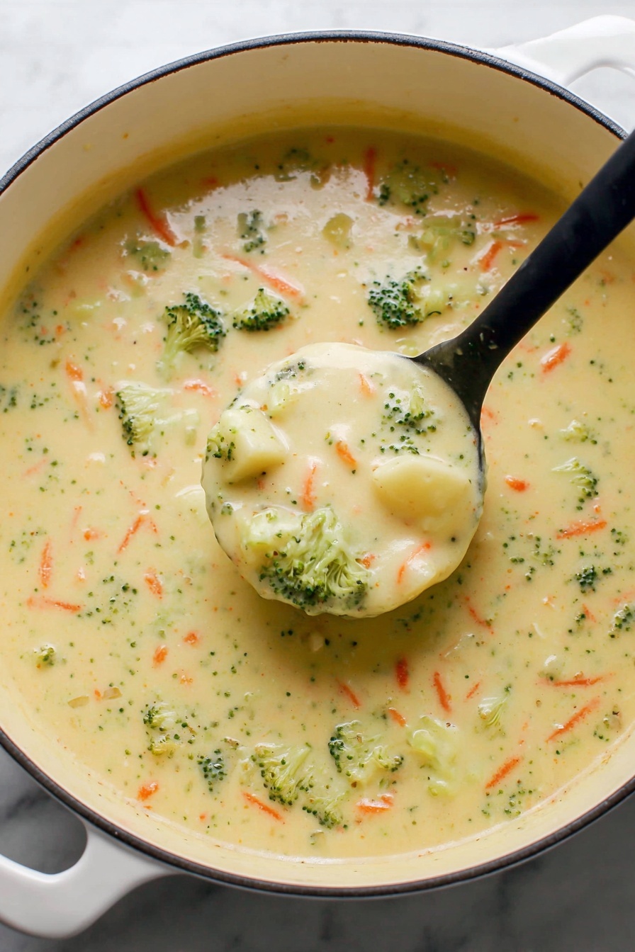 A white bowl filled with creamy soup showing soft, pale-yellow gnocchi spread evenly on the surface, mixed with small pieces of green broccoli and thin orange carrot strips throughout the thick light cream broth. The bowl is placed on a white marbled surface, with small sprigs of fresh green herbs scattered around it. Near the top left corner, a wooden board holds slices of toasted bread with golden crusts. Photo taken with an iphone --ar 2:3 --v 7