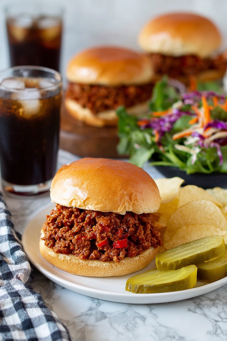 The image shows a sandwich on a white plate with a soft, shiny golden-brown bun on top and bottom. Between the buns is a thick layer of spicy ground meat with small red pepper pieces, giving a reddish-brown color with a moist texture. On the plate next to the sandwich, there are crinkly potato chips with a light yellow color and three slices of bright green pickles. Behind the sandwich on the plate, there is a side of fresh salad made of mixed greens, purple cabbage, shredded carrots, and white dressing. In the background, there are two more similar sandwiches, and a clear glass filled with dark soda and ice cubes sits on the left. The whole scene is set on a white marbled surface with a folded checkered cloth nearby. photo taken with an iphone --ar 2:3 --v 7