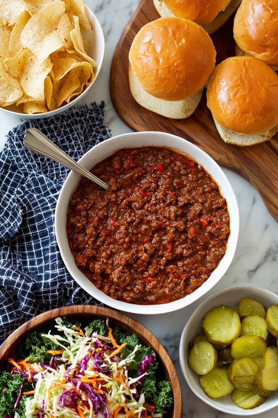 The image shows a white bowl filled with rich brown chili mixed with small red pepper pieces and a slightly oily surface, placed next to a metal spoon. Around it, there are soft golden brown sandwich buns with shiny tops, set on a wooden board and on a dark blue checkered cloth over a white marbled surface. Below the chili bowl, there is a round wooden bowl holding fresh coleslaw made of green and purple cabbage, curly kale, and thin orange carrot strips. To the left, a white bowl contains light golden crispy potato chips with a slightly wrinkled texture. On the right side, another white bowl holds thick, uneven slices of bright green pickles. The scene is bright and colorful, all on the white marbled countertop. photo taken with an iphone --ar 2:3 --v 7