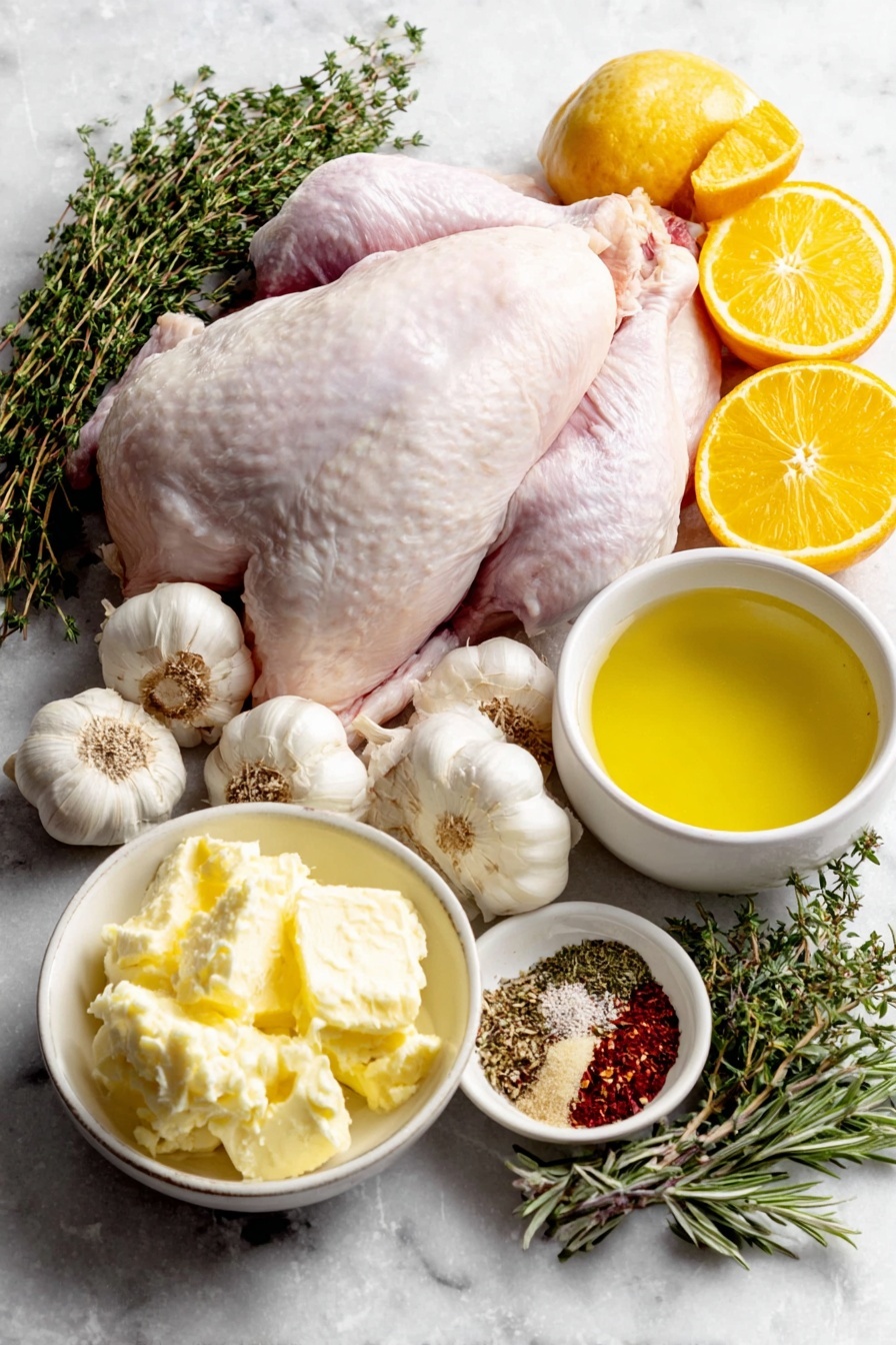 Flat lay of a large raw bone-in, skin-on turkey breast with two breasts still joined at the breast bone, a small pile of twelve whole uncracked garlic cloves, two fresh medium onions thinly sliced, a few bright orange slices from one orange, a handful of fresh green poultry herbs including thyme, rosemary, and sage, small white ceramic bowls containing softened unsalted butter with a pale yellow creamy texture, golden olive oil, and bright yellow Dijon mustard, and a small white bowl with a sprinkling of dried herbs and spices including garlic powder, paprika, dried rosemary, dried parsley, salt, dried thyme, dried oregano, onion powder, ground cumin, and black pepper, plus an additional small white bowl with clear low sodium chicken broth, all carefully arranged with perfect symmetry and balanced proportions on a clean white marble surface, soft natural light, photo taken with an iPhone, professional food photography style, fresh ingredients, white ceramic bowls, no bottles, no duplicates, no utensils, no packaging --ar 2:3 --v 7 --p m7354615311229779997