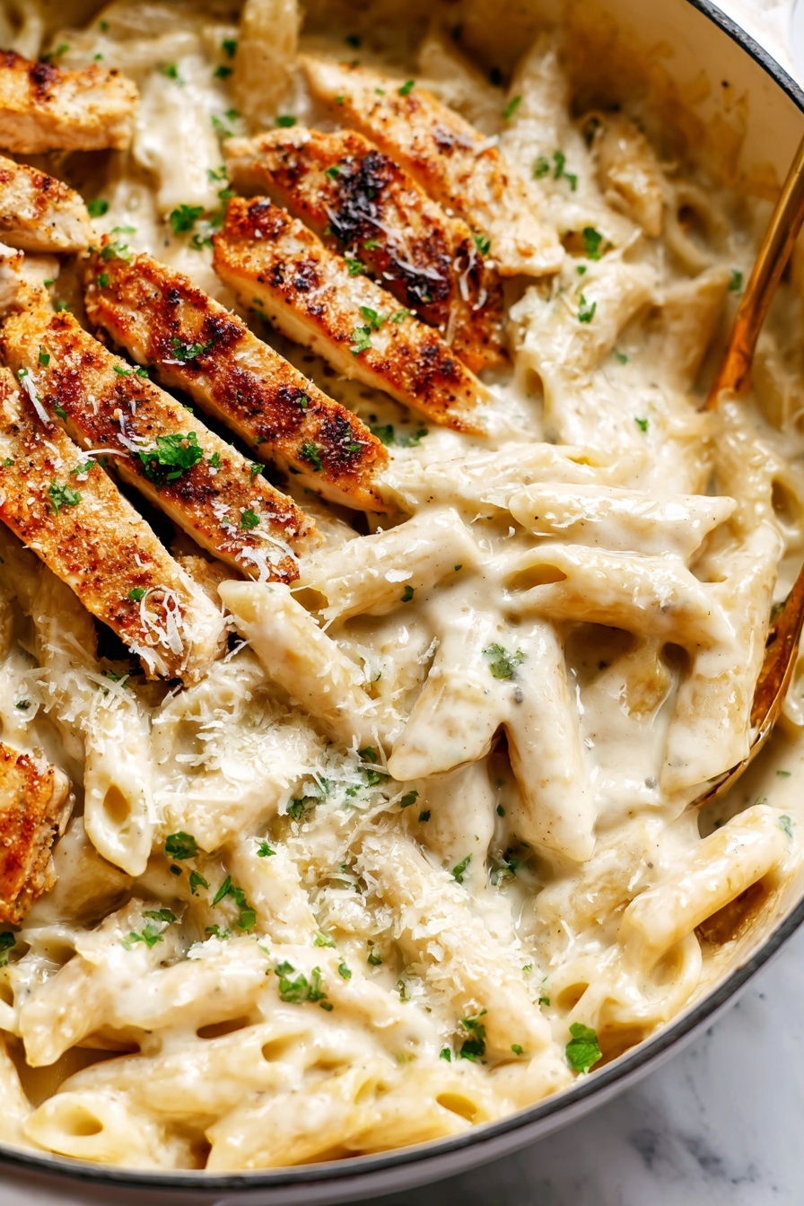 A close-up view of a white pan filled with creamy penne pasta covered in a thick, smooth white sauce with small green herb flakes scattered throughout. On one side, there are several browned chicken strips with a slightly crispy texture, topped with small green parsley bits and grated white cheese. The pasta and chicken are next to each other, with a gold spoon partially visible within the creamy pasta. The pan rests on a white marbled surface. photo taken with an iphone --ar 2:3 --v 7