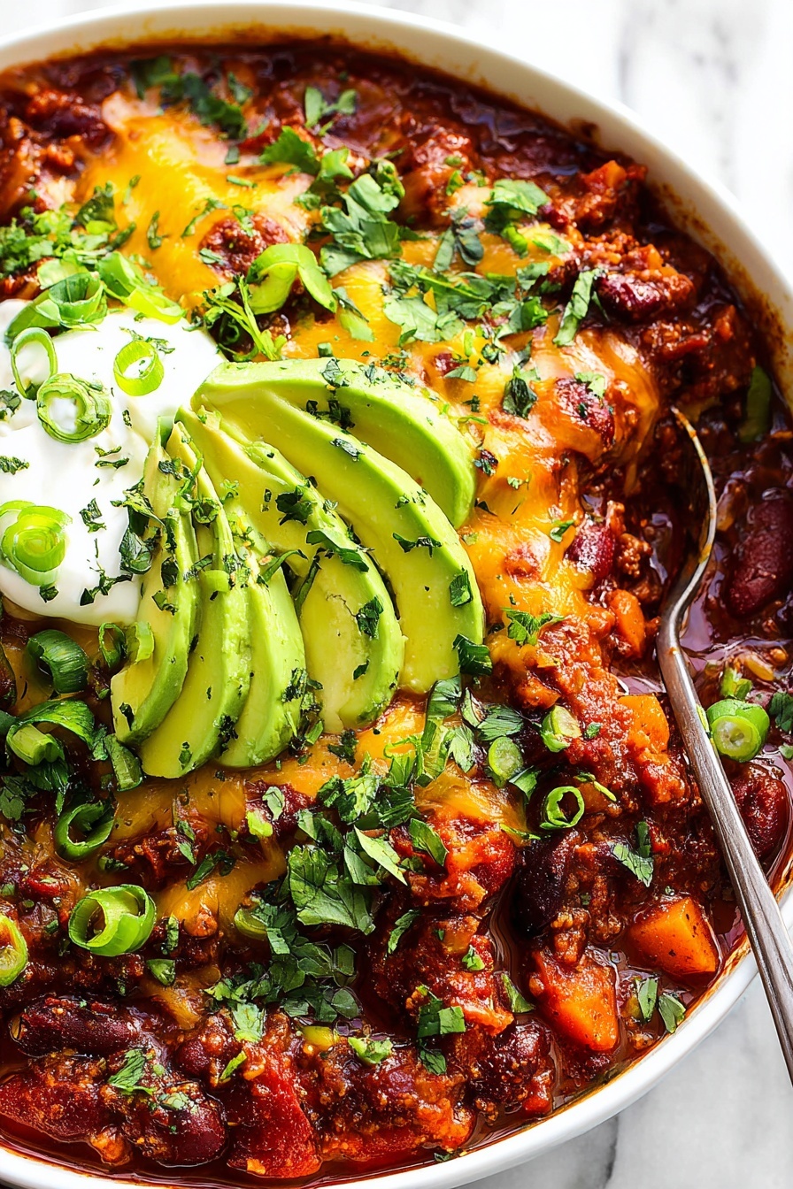 A white bowl filled with thick, rich chili made of dark brown and red ground meat and beans mixed with a red sauce, topped with three bright green avocado slices arranged on the right side, a dollop of white sour cream near the center, and sprinkled with chopped fresh green herbs and green onion pieces evenly over the chili. A silver spoon rests inside the bowl on the left side. The bowl sits on a white marbled surface with a small white plate of chopped green onion pieces in the upper left corner and scattered fresh green herbs around. A black and white striped cloth is visible on the right side. Photo taken with an iphone --ar 2:3 --v 7