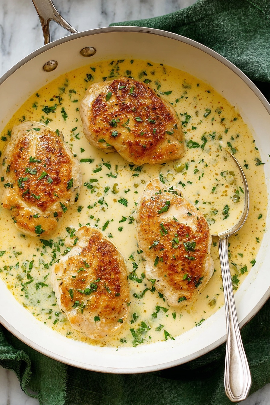 The image shows a white pan filled with four golden-brown cooked chicken pieces placed evenly inside a creamy light yellow sauce with small green herb pieces sprinkled over the sauce and chicken. The sauce has a smooth texture, and the chicken pieces have a slightly crispy outside with a juicy inside, each topped with small chopped green herbs. The pan sits on a green cloth over a white marbled surface, with a silver spoon on the right side of the pan resting partially in the sauce. Photo taken with an iphone --ar 2:3 --v 7
