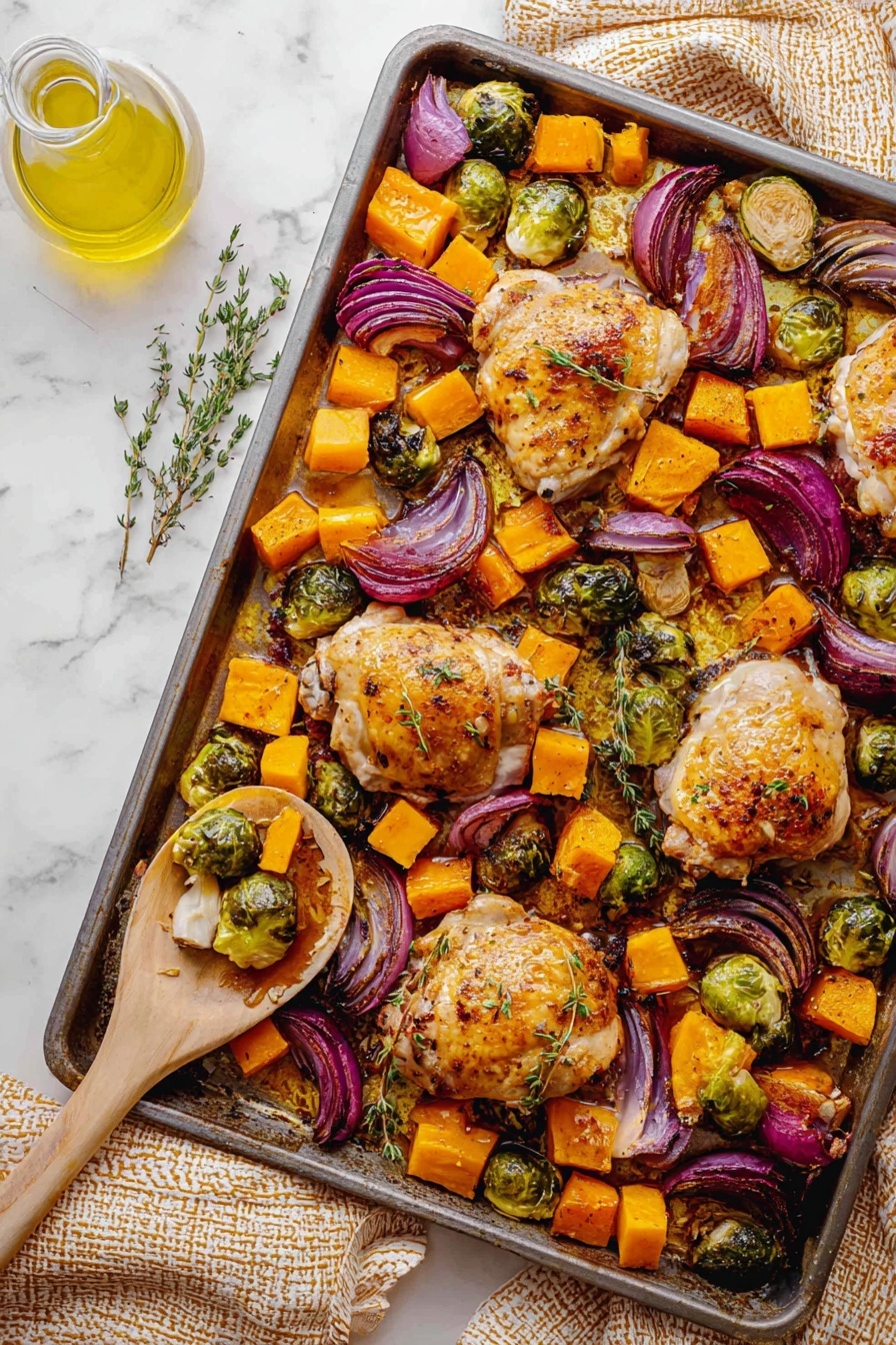 A baking tray filled with five roasted golden-brown chicken thighs, scattered with bright orange cubes of cooked butternut squash and vibrant green Brussels sprouts, some halved showing tender insides. Mixed among the vegetables are slices of soft purple-red onions with slightly charred edges. A wooden spoon holds one chicken thigh, Brussels sprout halves, and butternut squash cubes, positioned near the center right of the tray. Fresh green thyme sprigs are sprinkled over the dish. The tray rests on a white marbled surface with a textured beige cloth nearby and a small glass container with yellow oil in the top left corner. Photo taken with an iphone --ar 2:3 --v 7