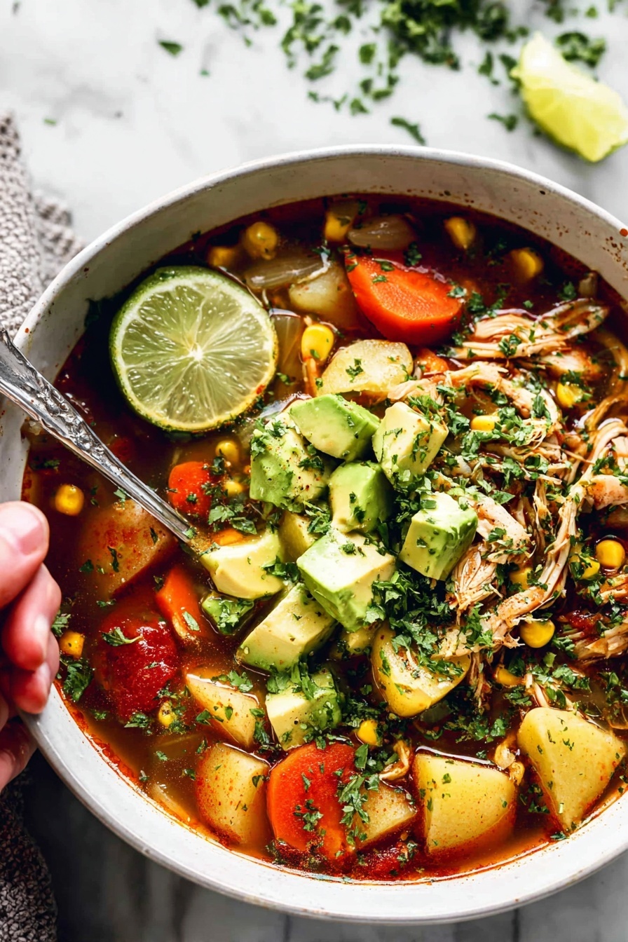 The image shows a white bowl filled with a colorful soup made of shredded pieces of meat, diced red tomatoes, yellow corn, chopped celery, and other small vegetables in a rich reddish broth. On top of the soup, there are bright green slices and cubes of avocado sprinkled with finely chopped green herbs. The bowl is placed on a white marbled surface, next to a half avocado with a brown seed, and a white cloth with red stripes is positioned to the right of the bowl. The photo taken with an iphone --ar 2:3 --v 7