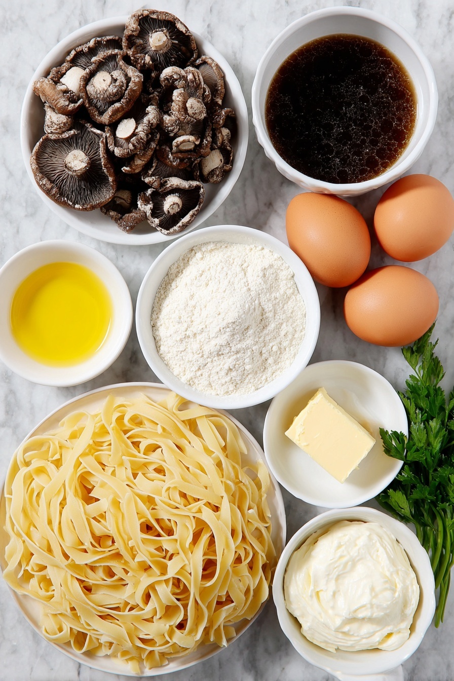 Flat lay of fresh cremini mushrooms thinly sliced, a small pat of unsalted butter, a small white bowl of golden olive oil, two whole uncracked brown eggs, a small white bowl filled with pale all-purpose flour, a small white bowl with rich beef broth, a fresh yellow onion diced, several garlic cloves peeled, a small white bowl containing smooth cream cheese, a small white bowl with thick sour cream, uncooked wide egg noodles in a neat pile, and a few sprigs of fresh flat-leaf parsley, all arranged symmetrically on a simple white ceramic dishes and bowls, placed on a clean white marble surface, soft natural light, photo taken with an iPhone, professional food photography style, fresh ingredients, white ceramic bowls, no bottles, no duplicates, no utensils, no packaging --ar 2:3 --v 7 --p m7354615311229779997
