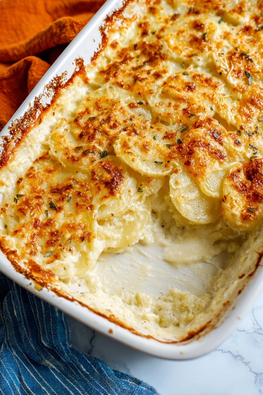 The image shows a close-up of a white baking dish filled with creamy scalloped potatoes. There are multiple layers of thinly sliced potatoes visible, coated in a rich, white sauce with a smooth texture. The top layer is golden brown with some parts slightly darker from baking, showing a crunchy, bubbly cheese crust. The edges of the dish have some bubbling and slight crisping. The dish rests on a cloth with orange and blue stripes, set on a white marbled surface. photo taken with an iphone --ar 2:3 --v 7