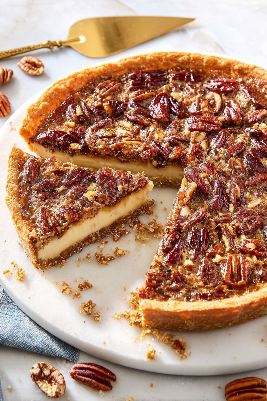 A close view of a pie on a white marbled surface showing three clear layers: the bottom layer is a crumbly golden crust, the middle is a creamy beige filling, and the top layer is a mix of chopped nuts covered in a shiny brown syrup. The crust edges are thick and browned, holding all the layers together tightly. Some crumbs are scattered around the pie, emphasizing the crumbly crust texture. Photo taken with an iphone --ar 2:3 --v 7