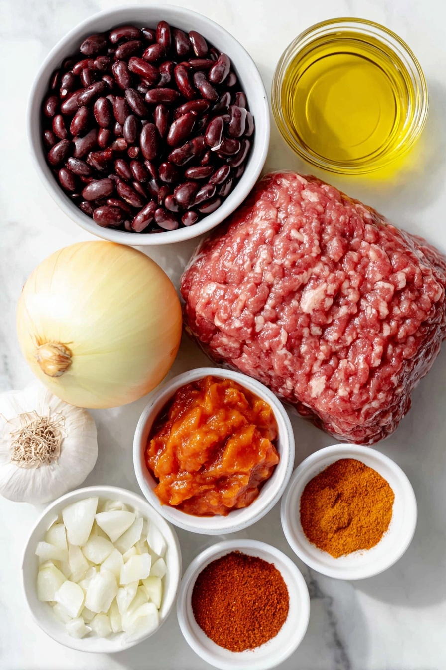 Flat lay of two whole garlic cloves with papery skins, one whole yellow onion with smooth golden skin, a small white ceramic bowl of golden olive oil, a mound of fresh ground beef, two small white ceramic bowls each filled with shiny kidney beans and black beans, a small white ceramic bowl of bright red diced tomatoes with juices, a small white ceramic bowl of smooth orange pumpkin purée, a small white ceramic bowl of thick deep red tomato paste, a small white ceramic bowl of clear water, and five small white ceramic bowls each containing vibrant chili powder, smoked paprika, ground cumin, garlic powder, and onion powder, arranged in perfect symmetry and realistic proportions, placed on a clean white marble surface, soft natural light, photo taken with an iPhone, professional food photography style, fresh ingredients, white ceramic bowls, no bottles, no duplicates, no utensils, no packaging --ar 2:3 --v 7 --p m7354615311229779997
