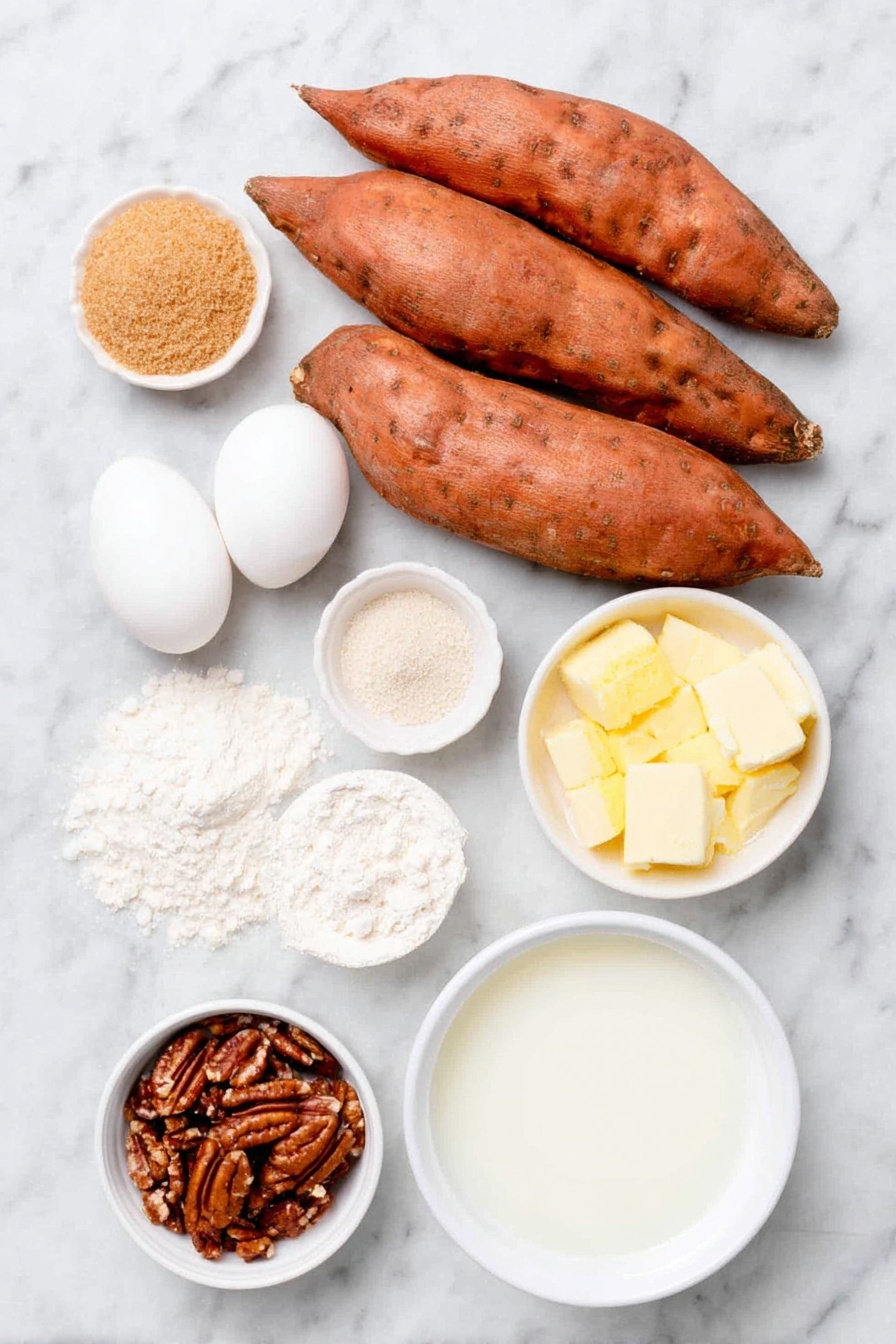 Flat lay of whole unpeeled sweet potatoes with vibrant orange skin, a small mound of packed light-brown sugar, a small white ceramic bowl of melted unsalted butter, a small white ceramic bowl of fresh milk, two large whole eggs with smooth shells, a small white ceramic bowl of clear vanilla extract, a small pile of fine all-purpose flour, a small mound of light brown sugar, a small heap of ground cinnamon, a small pile of chopped pecans with natural texture, and a small white ceramic bowl of melted unsalted butter, all arranged symmetrically on a clean white marble surface, soft natural light, photo taken with an iPhone, professional food photography style, fresh ingredients, white ceramic bowls, no bottles, no duplicates, no utensils, no packaging --ar 2:3 --v 7 --p m7354615311229779997