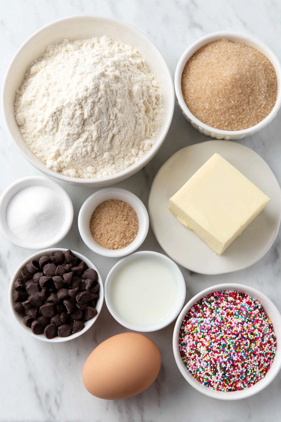Flat lay of a small mound of sifted all-purpose flour on a simple white ceramic plate, a small white bowl with fine light brown sugar, a small white bowl with granulated sugar, a smooth half cup of unsalted butter in a neat slab on a white ceramic dish, a dollop of creamy peanut butter on a white plate, a single large whole egg with clean shell resting on the white surface, a few semi-sweet chocolate chips scattered on a small white ceramic bowl, a tiny white bowl containing clear coconut oil, a small white bowl filled with colorful holiday sprinkles, all arranged with perfect symmetry and balanced proportions, placed on a clean white marble surface, soft natural light, photo taken with an iPhone, professional food photography style, fresh ingredients, white ceramic bowls, no bottles, no duplicates, no utensils, no packaging --ar 2:3 --v 7 --p m7354615311229779997