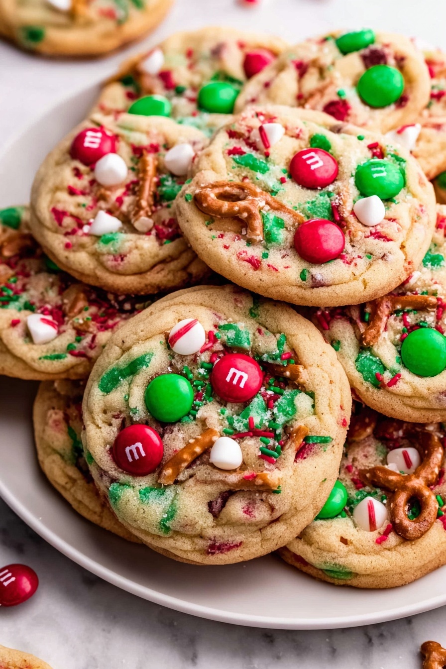 A round white plate is filled with about ten light brown cookies that have a soft, bumpy texture. Each cookie is topped with red and green candy-coated chocolates, small white chocolate chips, green and red sprinkles, and small pieces of pretzels that add a crunchy look. The cookies are arranged on a white marbled surface, with small white bowls around holding red and green candies, pretzels, and white chocolate chips. A red ribbon is placed at the bottom right corner. photo taken with an iphone --ar 2:3 --v 7