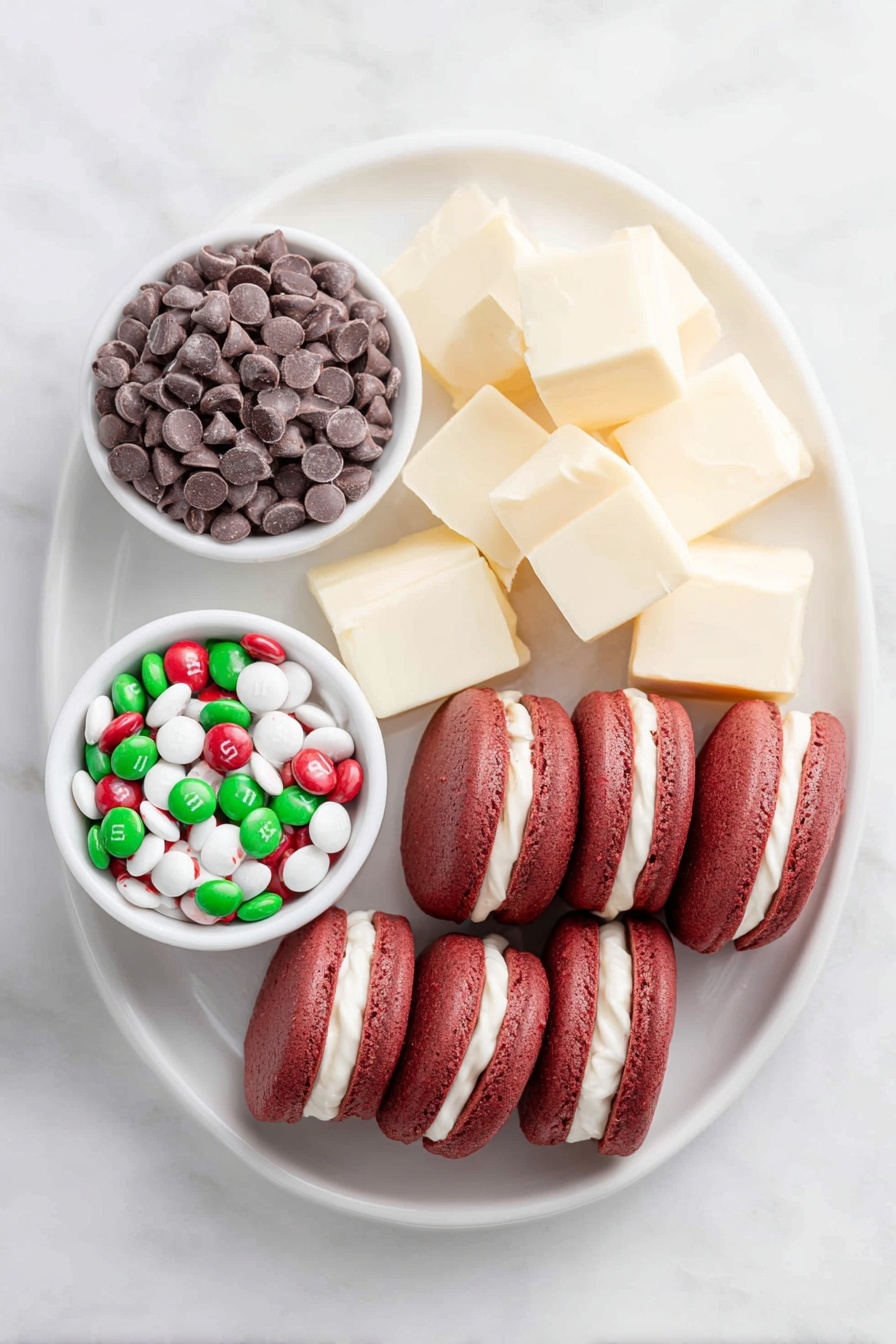 Flat lay of a small mound of glossy milk chocolate chips, a few chunks of pale yellow butter, a handful of shiny red, green, and white mint candy-coated M&Ms scattered loosely, and several whole red velvet sandwich cookies with deep red color and creamy white filling, all arranged neatly in perfect symmetry on a clean white ceramic plate and small white ceramic bowls, placed on a clean white marble surface, soft natural light, photo taken with an iPhone, professional food photography style, fresh ingredients, white ceramic bowls, no bottles, no duplicates, no utensils, no packaging --ar 2:3 --v 7 --p m7354615311229779997