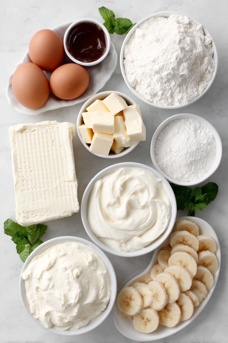 Flat lay of whole milk in a small white bowl, heavy whipping cream in a small white bowl, a few cubes of salted butter, a small white bowl of caster sugar, a small white bowl of cornstarch, five large whole brown eggs with clean shells, a small white bowl of sweetened condensed milk, a smooth block of full-fat cream cheese, a small white bowl of vanilla bean paste, a small white bowl of banana cream extract, a few fresh medium bananas sliced into thick coins, a handful of round golden Nilla wafers, fresh bright green mint leaves scattered gently, all arranged in perfect symmetry on simple white ceramic dishes, placed on a clean white marble surface, soft natural light, photo taken with an iPhone, professional food photography style, fresh ingredients, white ceramic bowls, no bottles, no duplicates, no utensils, no packaging --ar 2:3 --v 7 --p m7354615311229779997