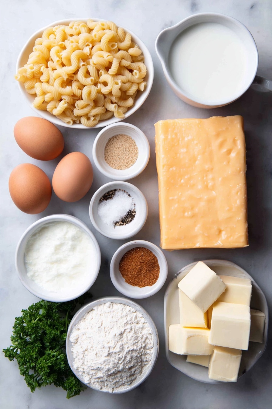 Flat lay of a small pile of dried elbow macaroni pasta, a stick of unsalted butter, a small white ceramic bowl filled with all purpose flour, a small white ceramic bowl with whole milk, a small white ceramic bowl with half-and-half, three whole uncracked brown eggs, a few sprigs of fresh parsley, a small white ceramic bowl of kosher salt, a small white ceramic bowl of freshly ground black pepper, a small white ceramic bowl of ground mustard, a small white ceramic bowl of garlic powder, a small white ceramic bowl of onion powder, a small white ceramic bowl of smoked paprika, a small white ceramic bowl of ground nutmeg, a small white ceramic bowl with a pinch of cayenne pepper, a block of sharp cheddar cheese, a block of smoked gouda cheese, a block of pepper jack cheese, and cubed Velveeta cheese all arranged symmetrically and neatly on a clean white marble surface, soft natural light, photo taken with an iPhone, professional food photography style, fresh ingredients, white ceramic bowls, no bottles, no duplicates, no utensils, no packaging --ar 2:3 --v 7 --p m7354615311229779997