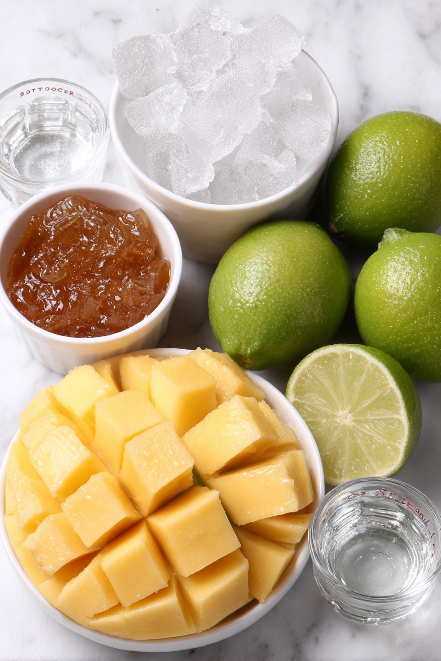 Flat lay of frozen bright golden mango chunks, whole uncracked brown lime fruits, freshly sliced vibrant green lime wedges, small white ceramic bowls holding clear white ice cubes, golden amber guava jelly in a small white bowl, and a small white bowl of clear silver tequila, all arranged with perfect symmetry placed on a clean white marble surface, soft natural light, photo taken with an iPhone, professional food photography style, fresh ingredients, white ceramic bowls, no bottles, no duplicates, no utensils, no packaging --ar 2:3 --v 7 --p m7354615311229779997